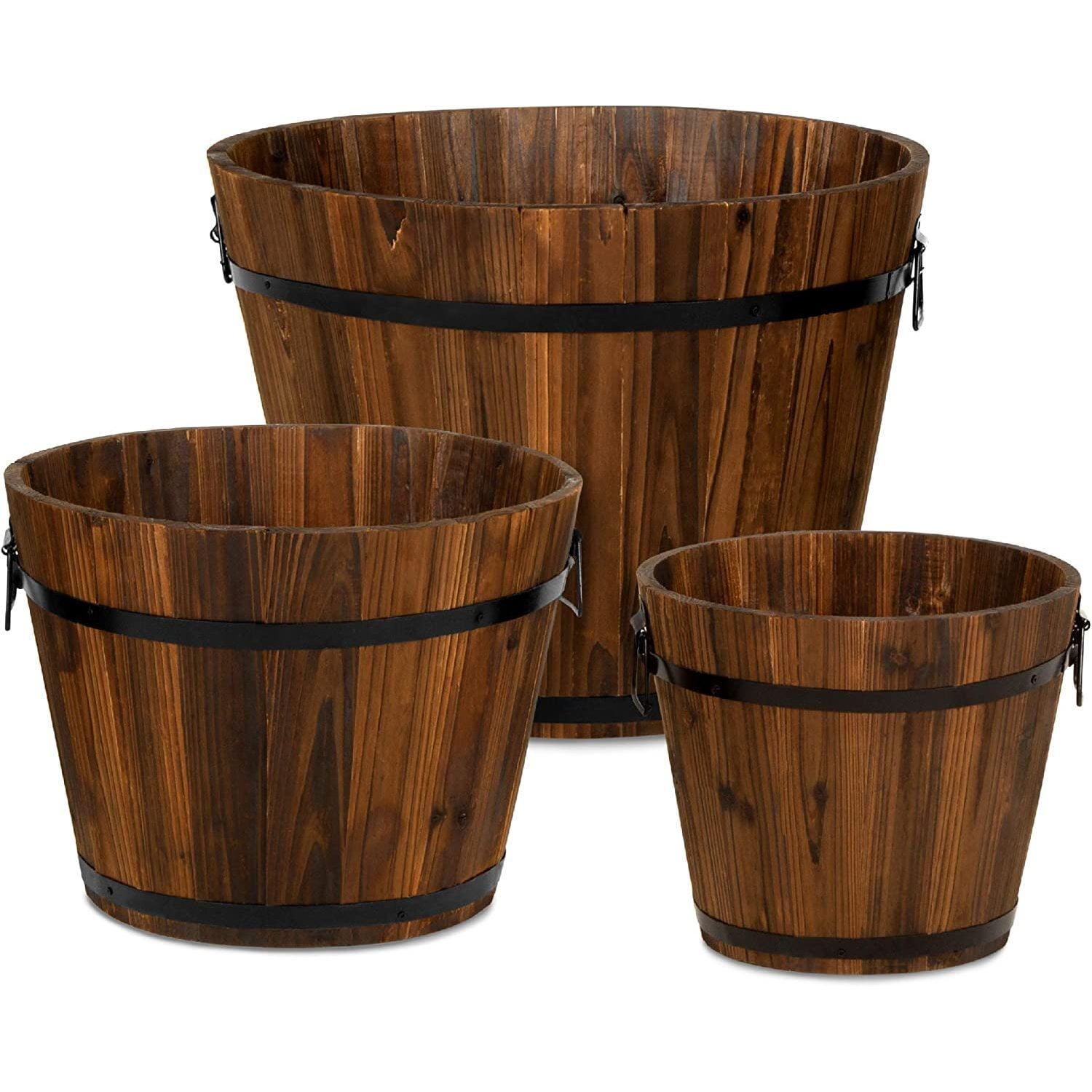 Rustic Wooden Barrel Trio Planters for Indoor & Outdoor Elegance