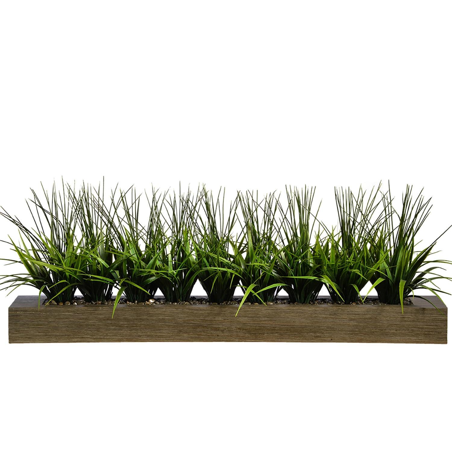 Artificial Faux Lifelike Plastic 13" Tall Green Grass In Wood Holder (Taupe)