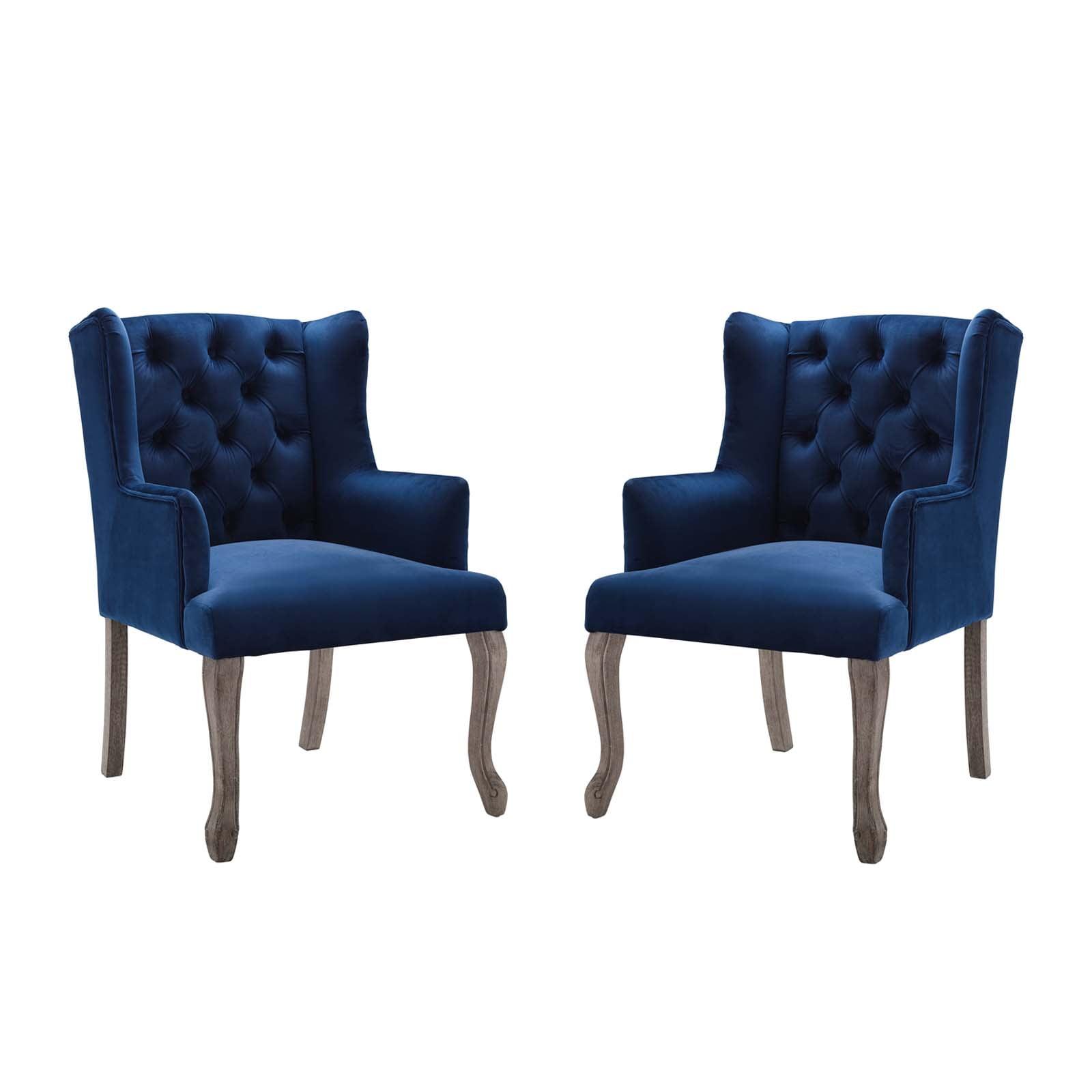 Chic Navy Velvet Upholstered Wingback Armchair with Weathered Wood Legs