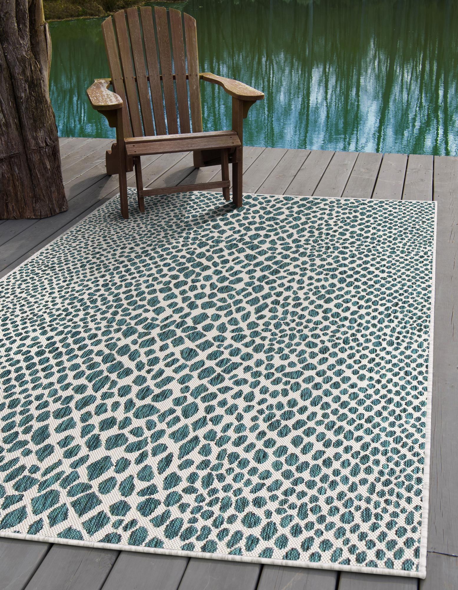 Teal Abstract 9' x 12' Easy-Care Synthetic Outdoor Rug