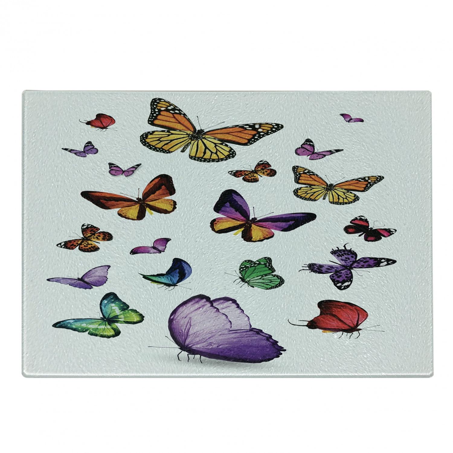 Ambesonne Colorful Tempered Glass Cutting Board Flying Butterflies Multicolor