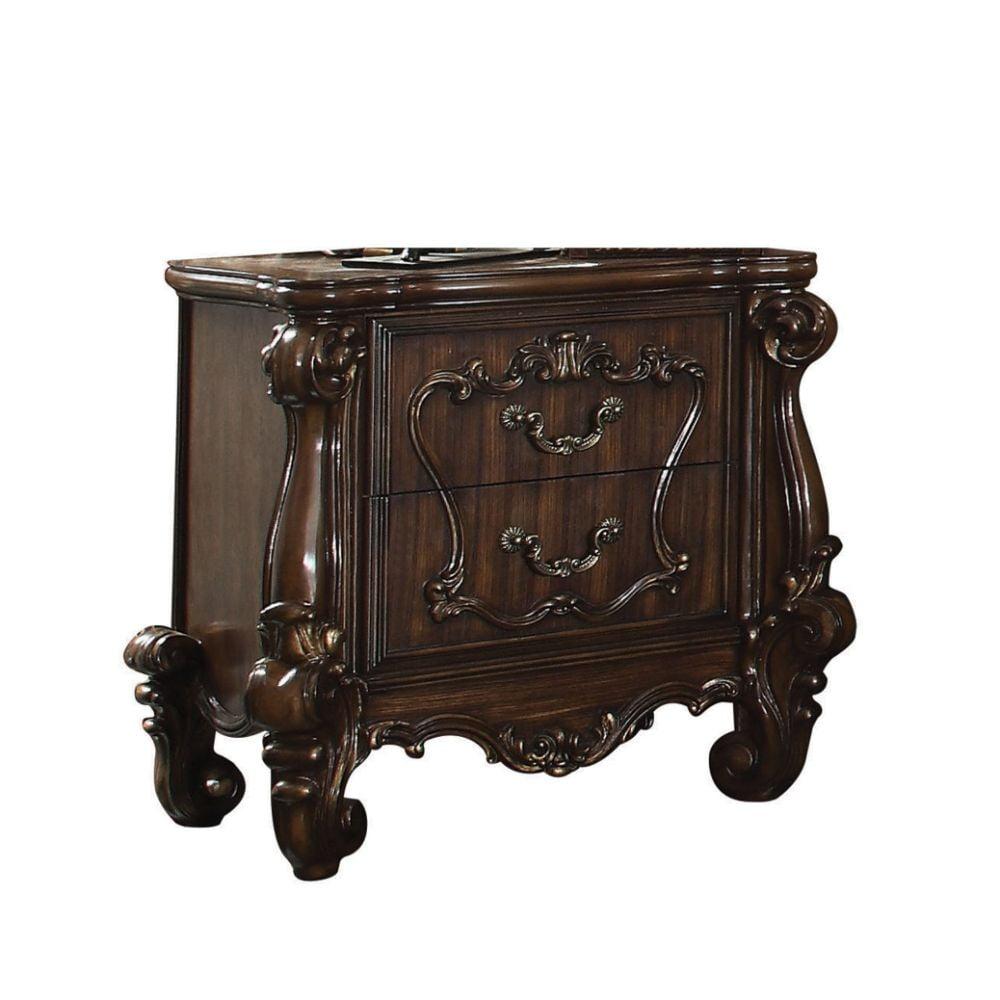 Elegant Solid Wood Nightstand with Antique Metal Handles and Scrolled Legs