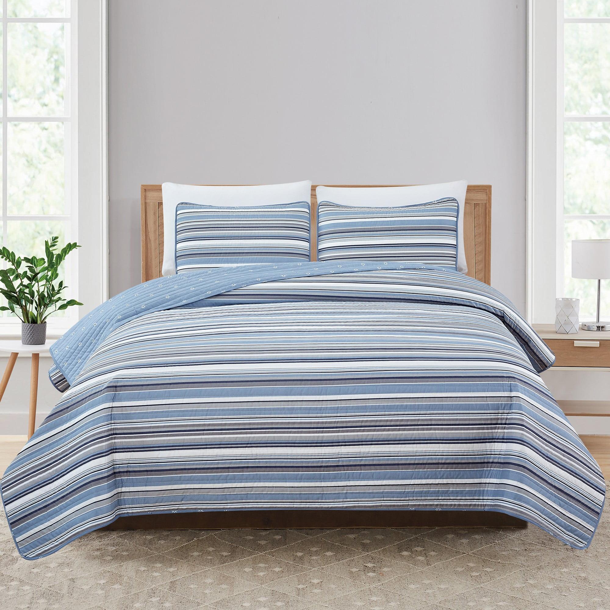 Blue and Grey Twin Reversible Microfiber Quilt Set