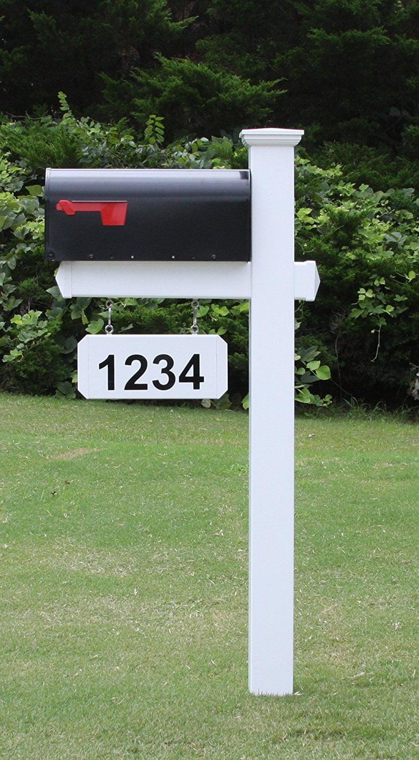 The Harrison Mailbox System with White Vinyl Post Combo, Stand, and Black Mailbox Included