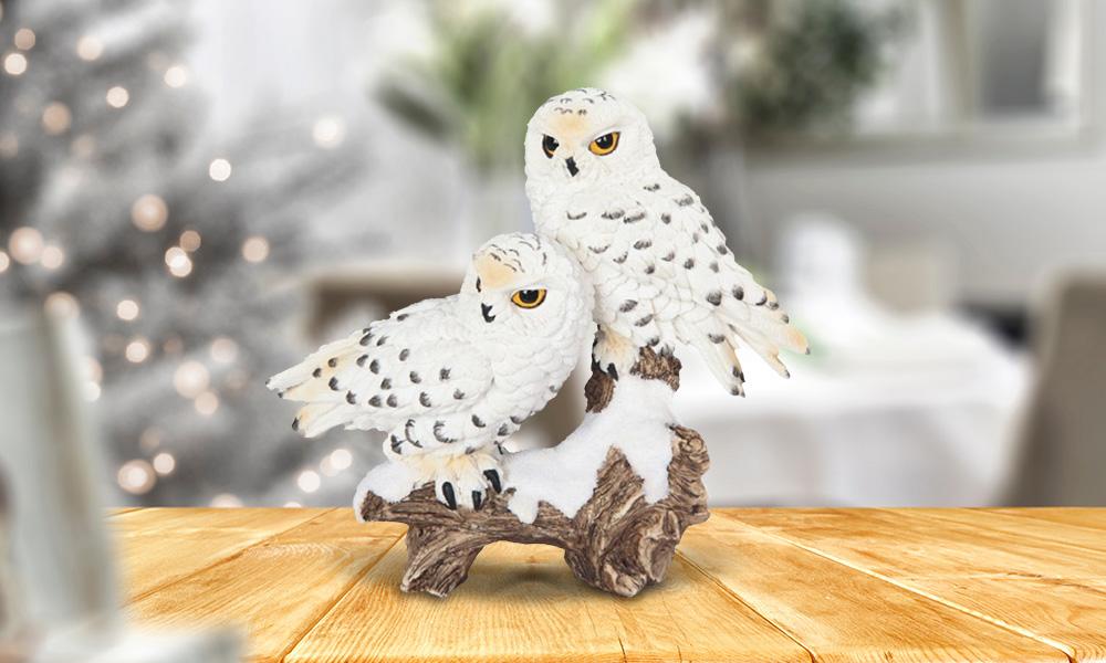ICE ARMOR 6"W Snowy Owl Couple Standing on Tree Trunk Statue Wild Animal Decoration Figurine
