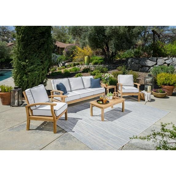 Jakarta Teak 5 Piece Sofa Set with Sofa, 2 Club Chairs, Coffee Table and Side Table, Canvas Cushions