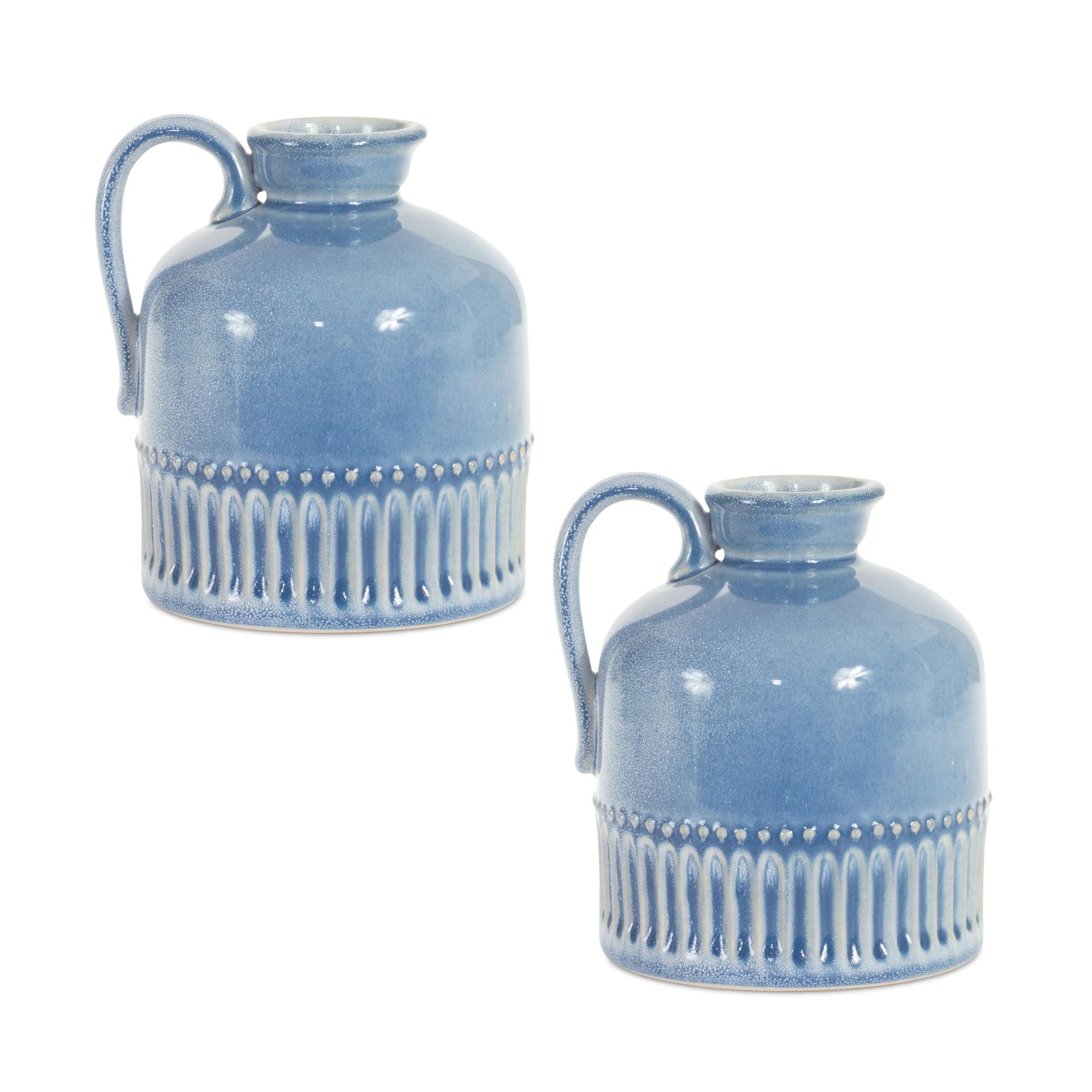 Rustic Blue Ribbed Ceramic Decorative Jug Vase Set