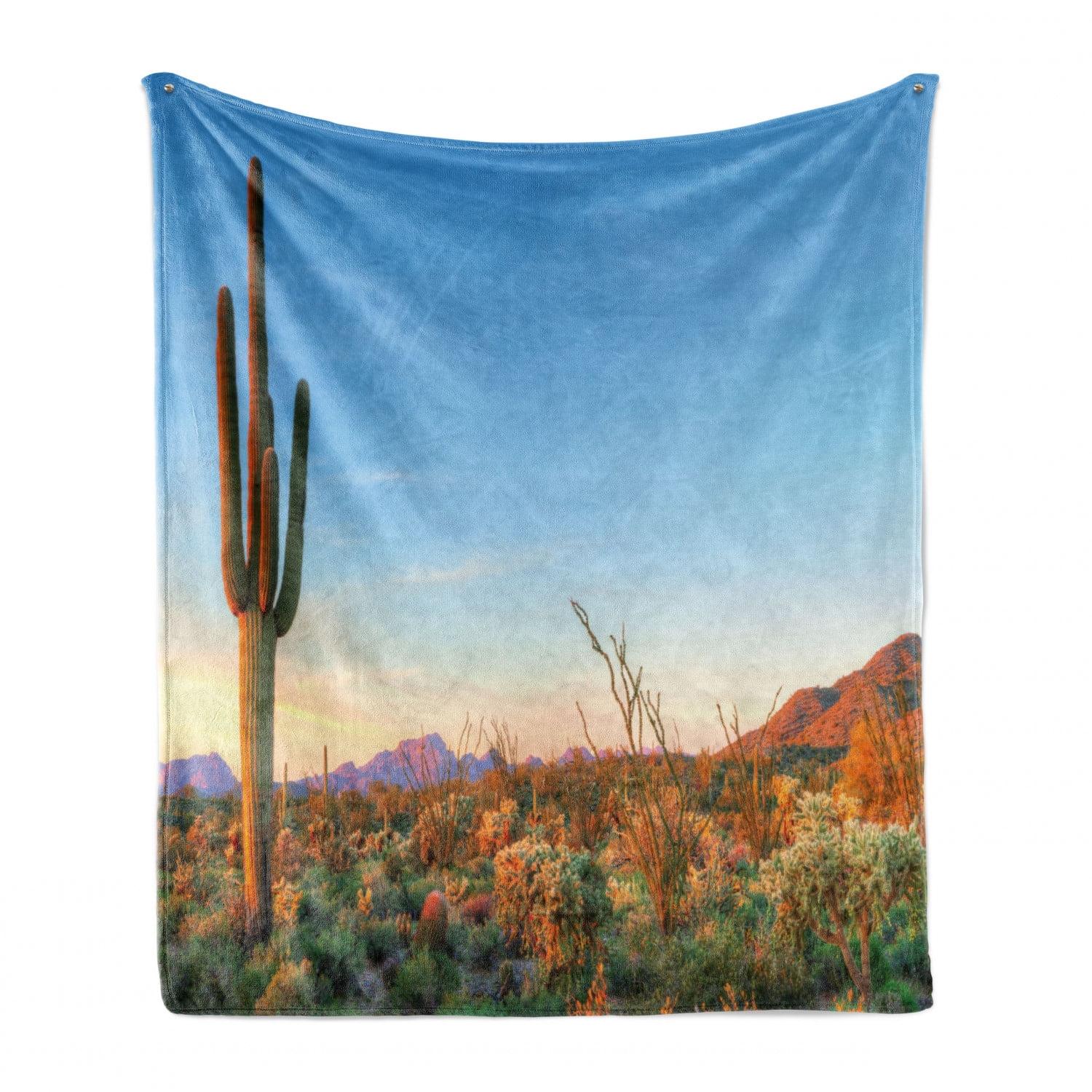 Saguaro Desert Scene Fleece Throw Blanket in Orange and Blue