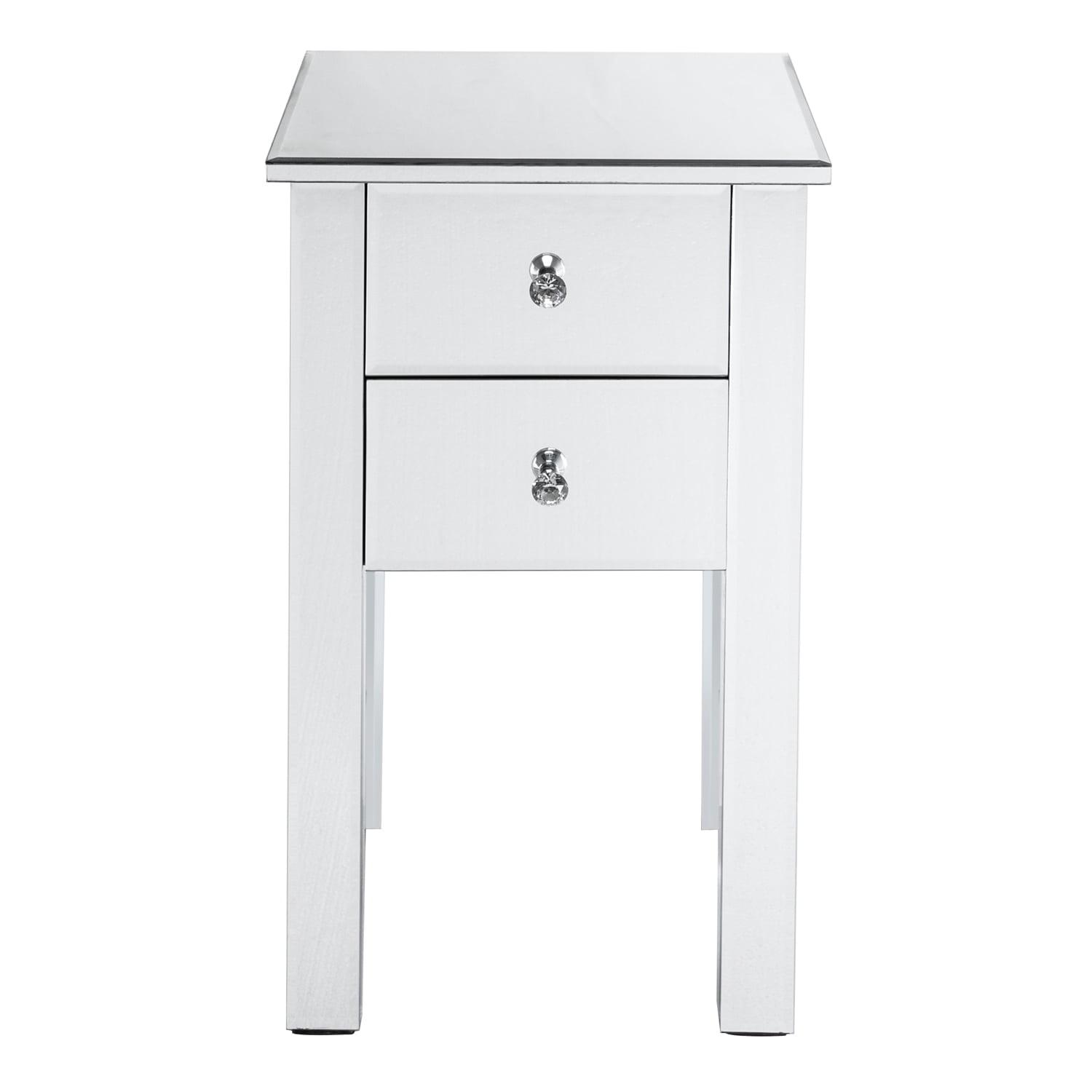 Veryke Modern Mirrored Nightstand, Glass Bedside Table with 2 Drawers - Silver