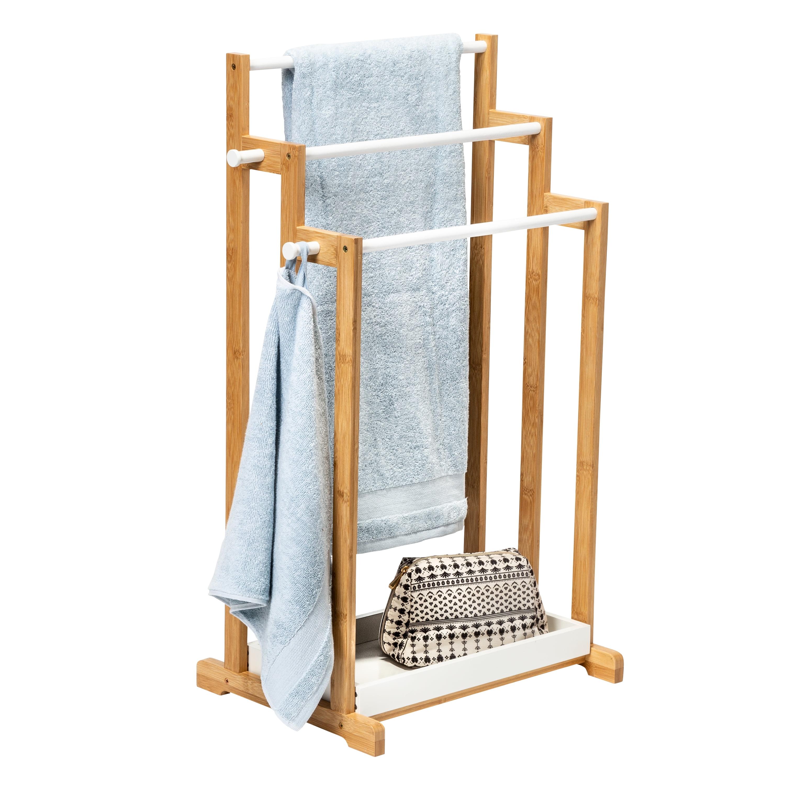 Compact 3-Tier White & Bamboo Bathroom Towel Rack