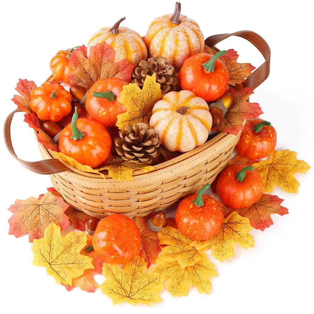 Autumn Harvest Artificial Pumpkins and Maple Leaves Set