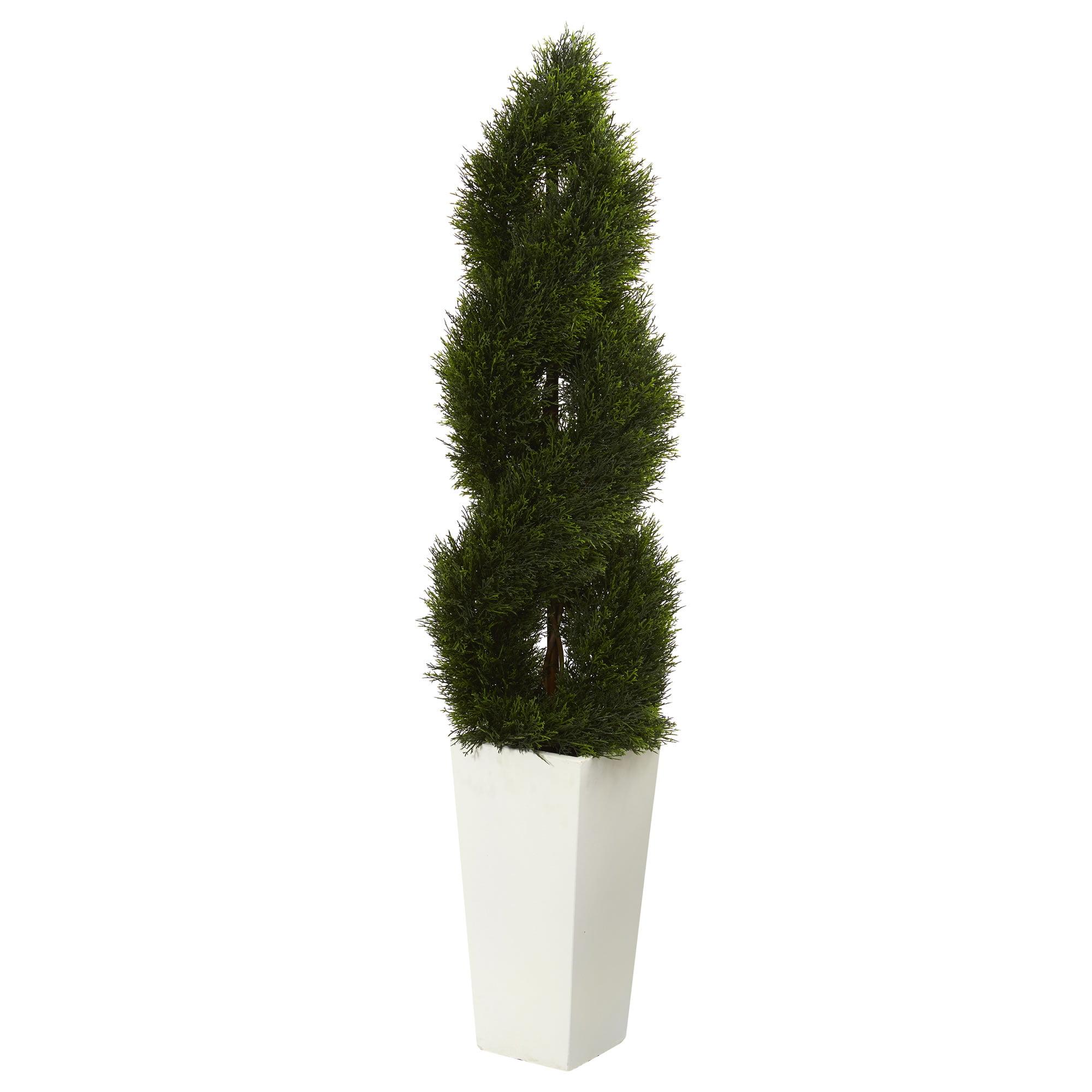 Elegant Winter Silk Double Spiral Topiary in White Tower Planter, 68"