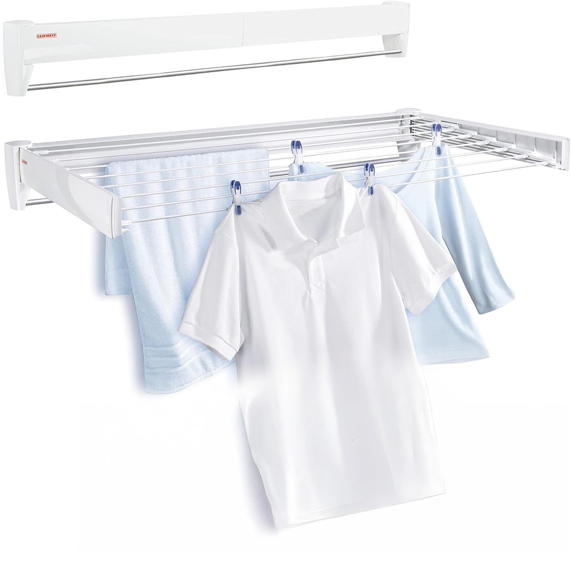 Leifheit Telefix 100 Wall-Mounted Retractable Clothes Drying Rack with 8 Rods, 26 ft. of Drying Space & Sleek Design for Laundry or Dorm Rooms, White