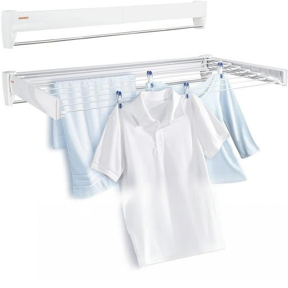 Leifheit Telefix 100 Wall-Mounted Retractable Clothes Drying Rack with 8 Rods, 26 ft. of Drying Space & Sleek Design for Laundry or Dorm Rooms, White