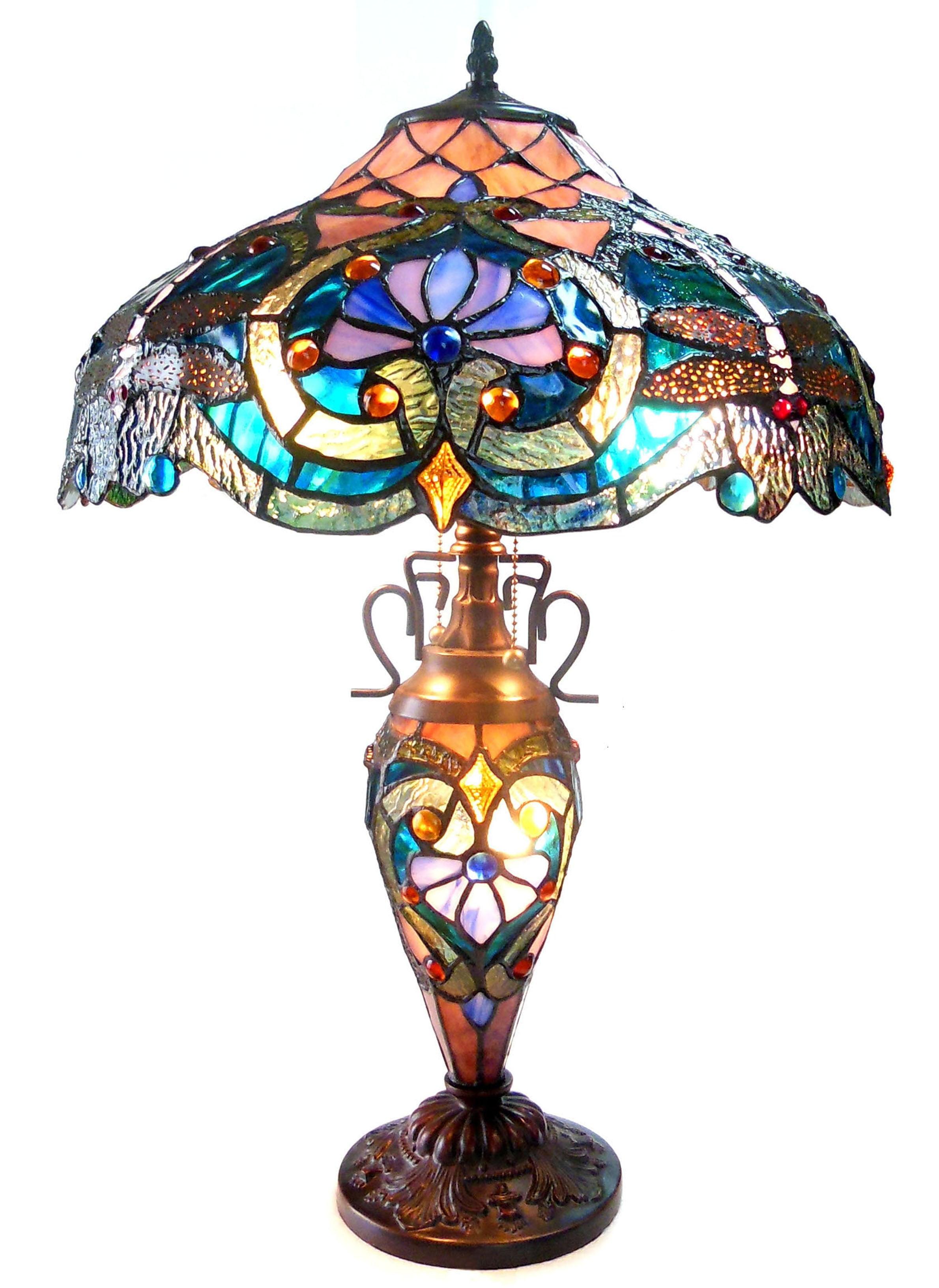 Victorian Tiffany-Style Stained Glass Bronze Table Lamp