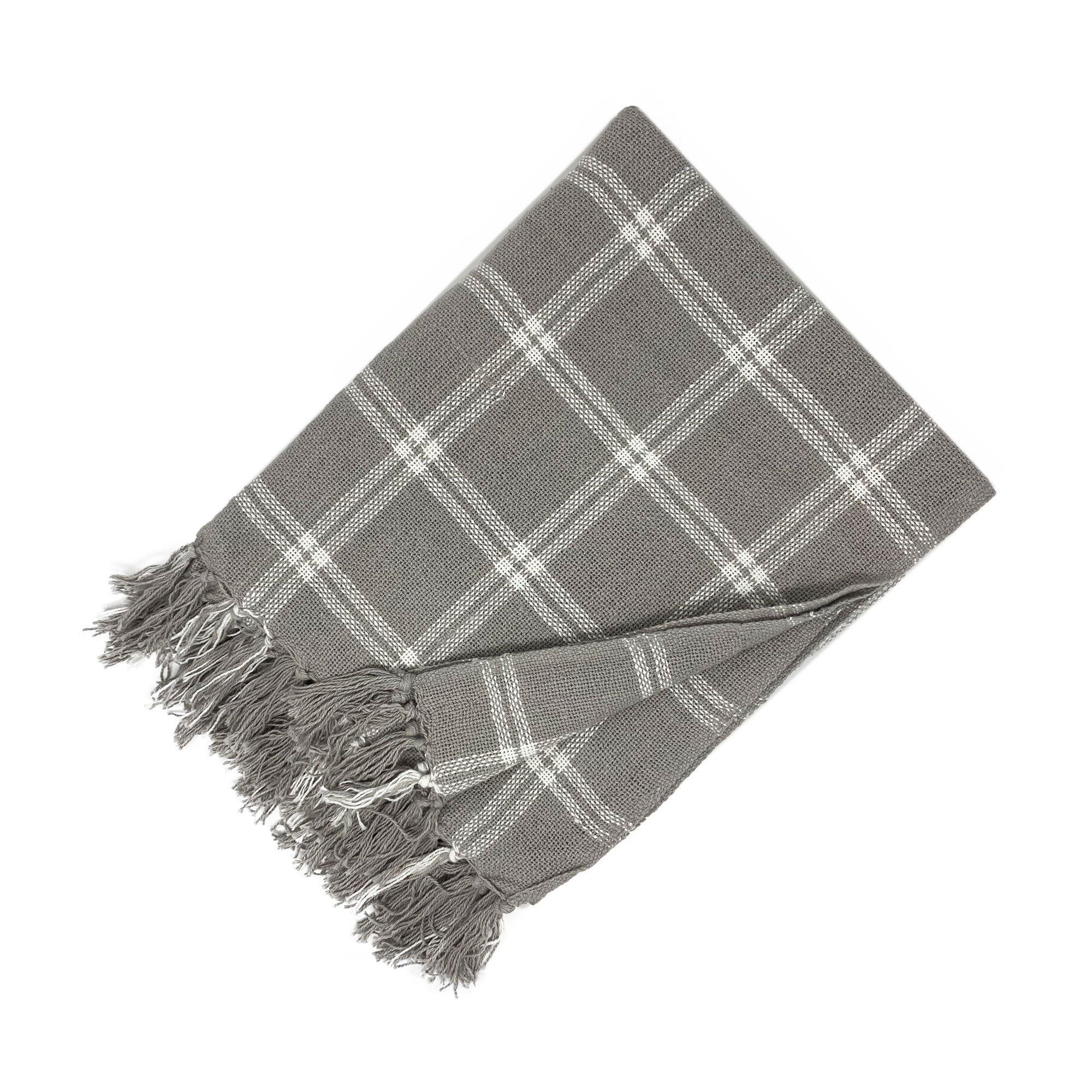 Rustic Windowpane Plaid Cotton Throw Blanket with Fringe - Gray/White