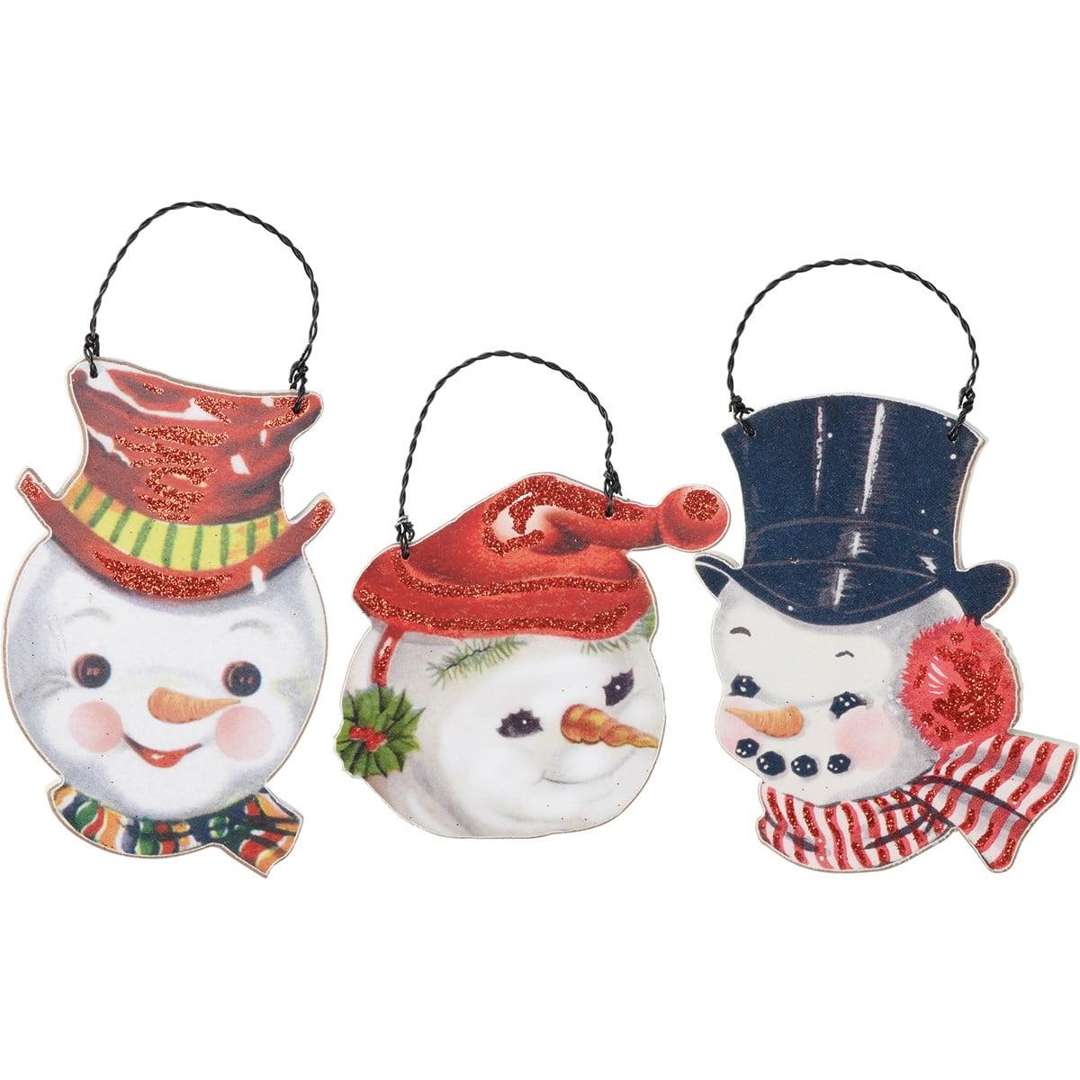 Vintage Snowmen Wooden Christmas Ornament Set with Glitter Accents