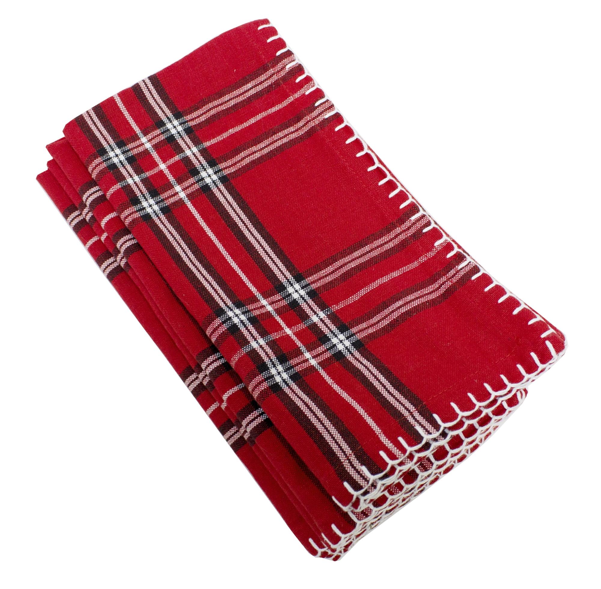 Red Plaid Cotton Dinner Napkins with Whipstitch, Set of 4