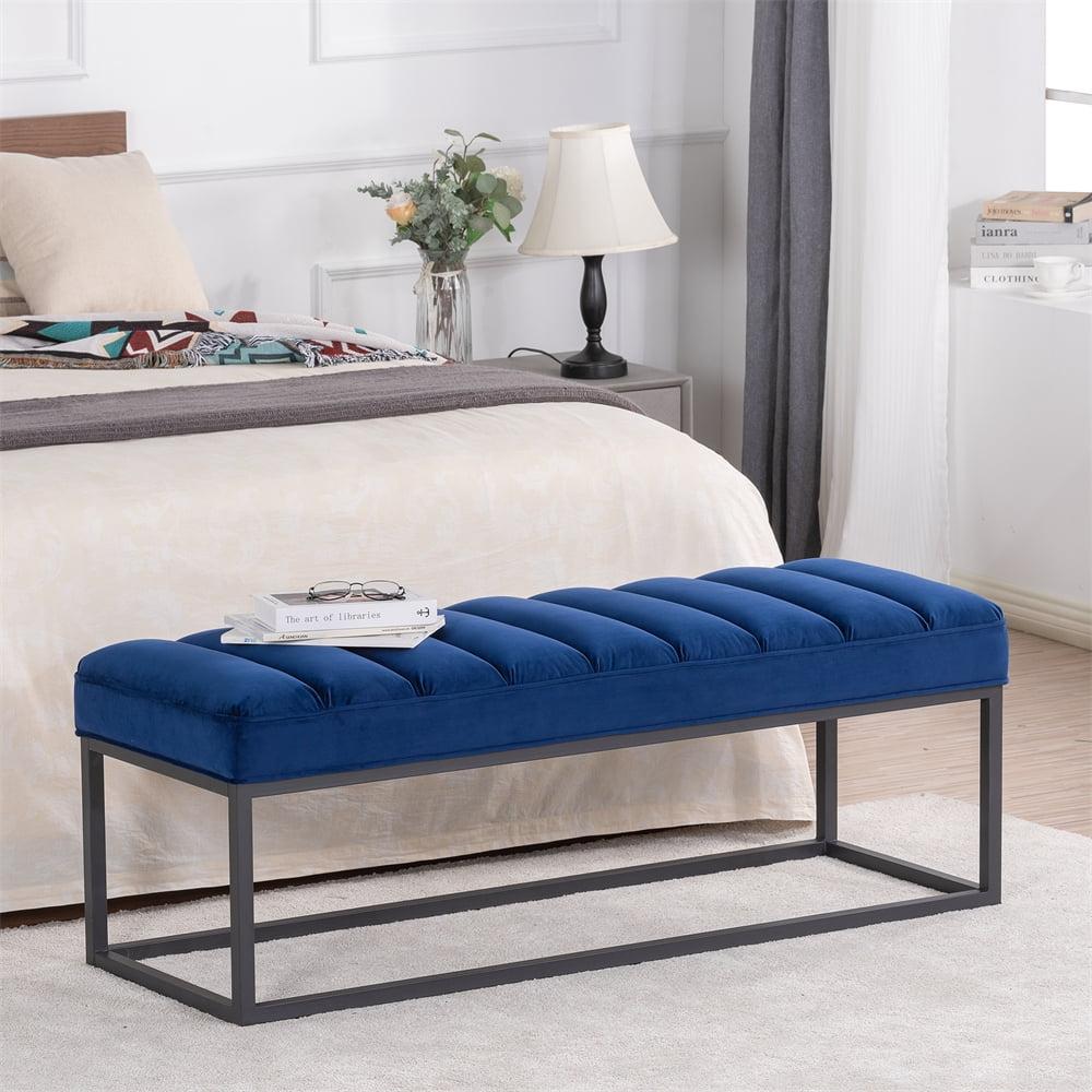 Navy Blue Velvet Upholstered Metal Frame Bedroom Bench