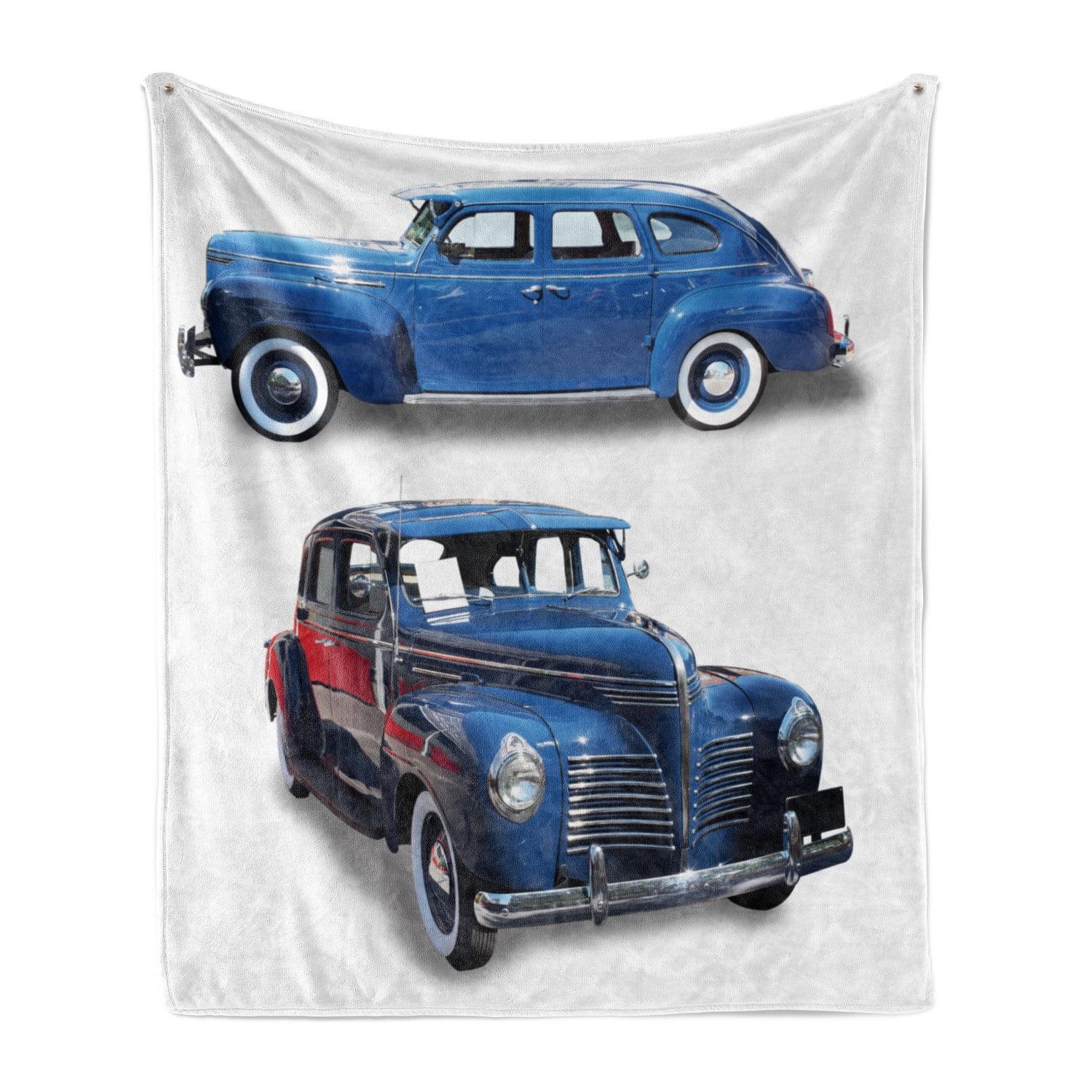 Vintage Car Blue and Red Fleece Throw Blanket