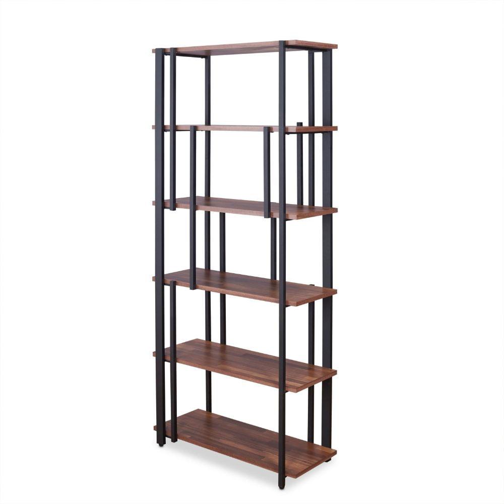 Walnut and Black Industrial 6-Shelf Bookshelf