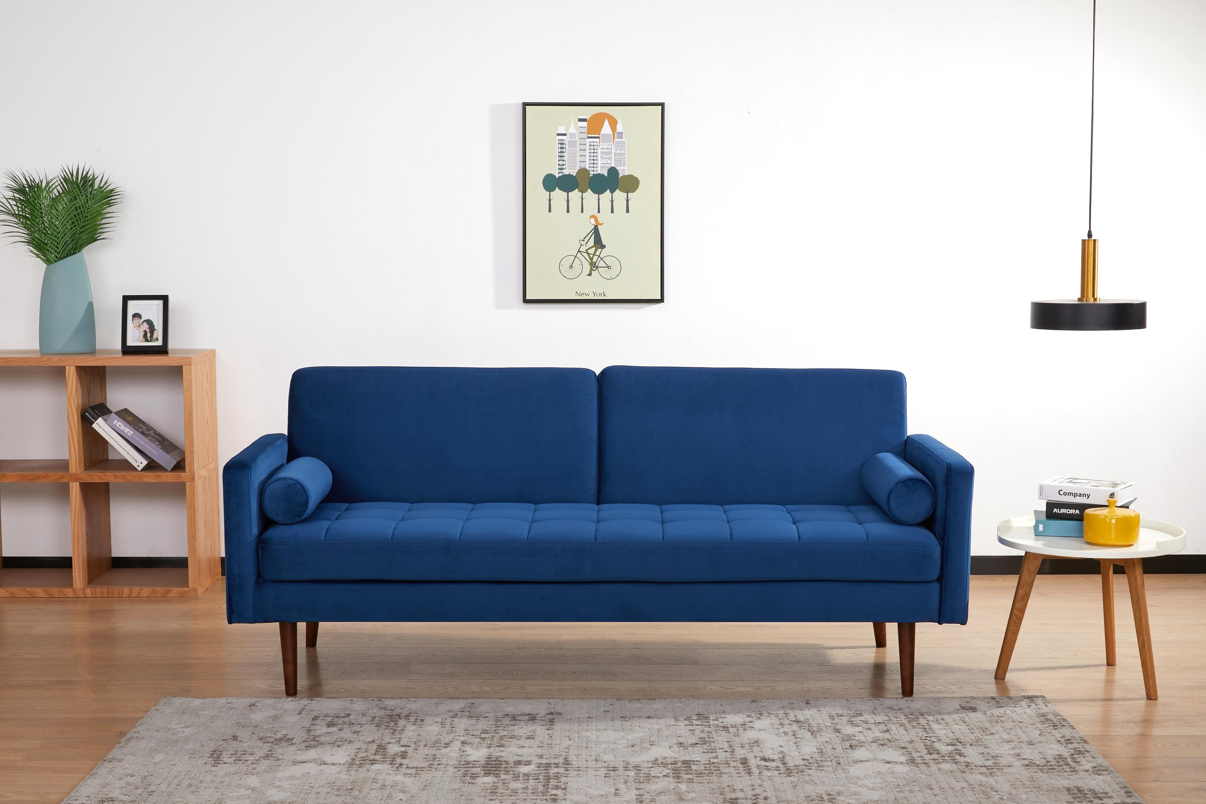 Portland Twin-Size Tufted Velvet Sleeper Sofa in Blue with Wood Accents