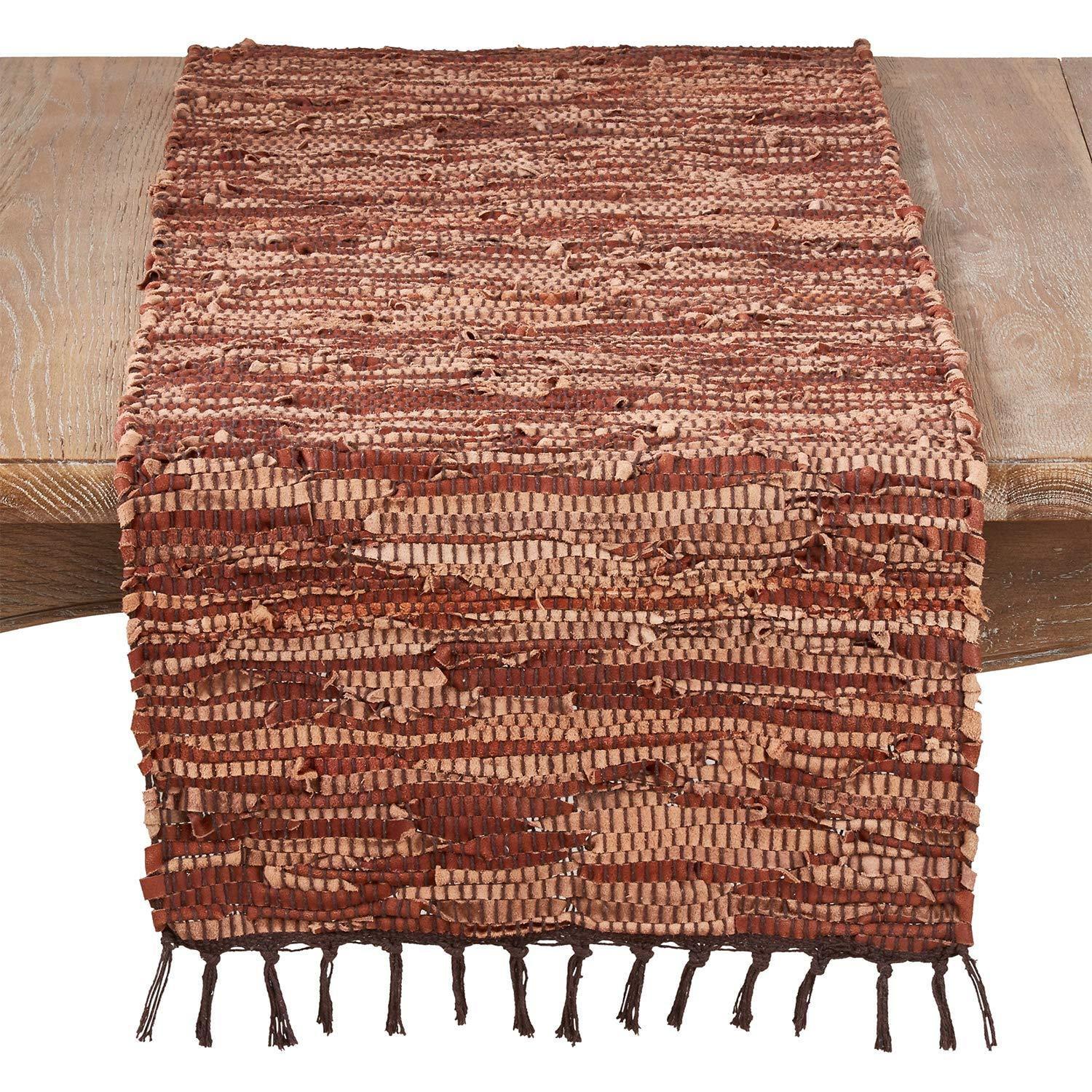 Saro Lifestyle Brown Leather Chindi Table Runner