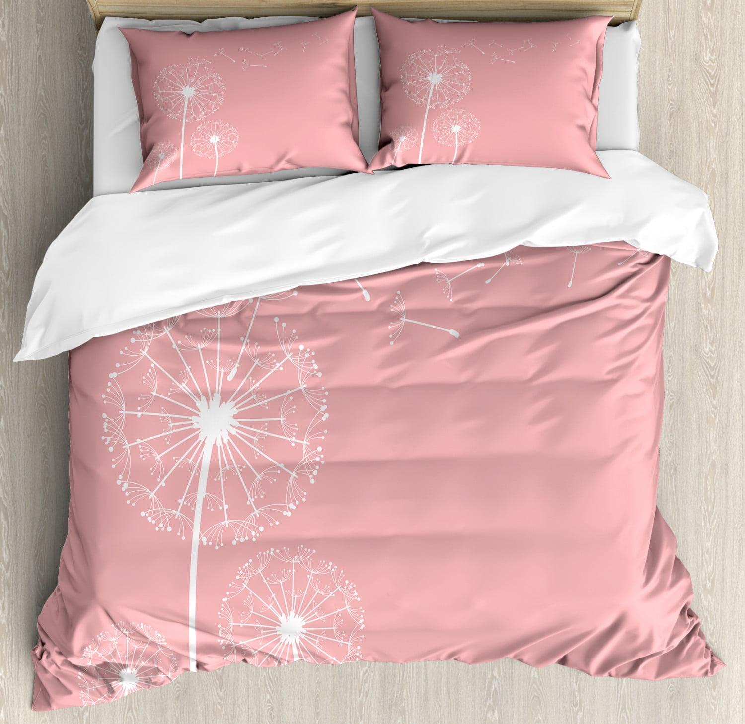 Coral White Botanical Dandelion King Duvet Cover Set