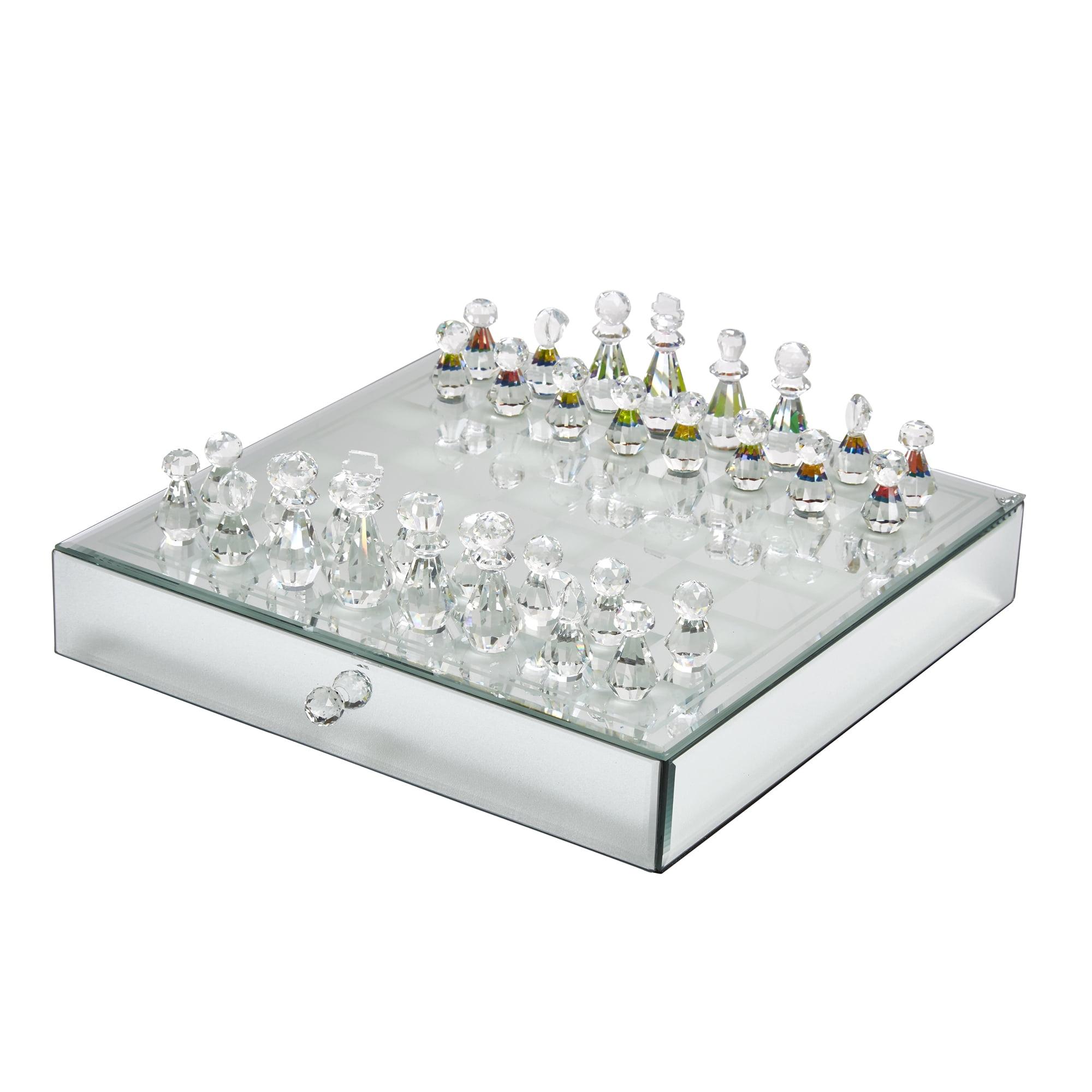 Crystal and Mirrored Glass Chess Set with Silver Accents