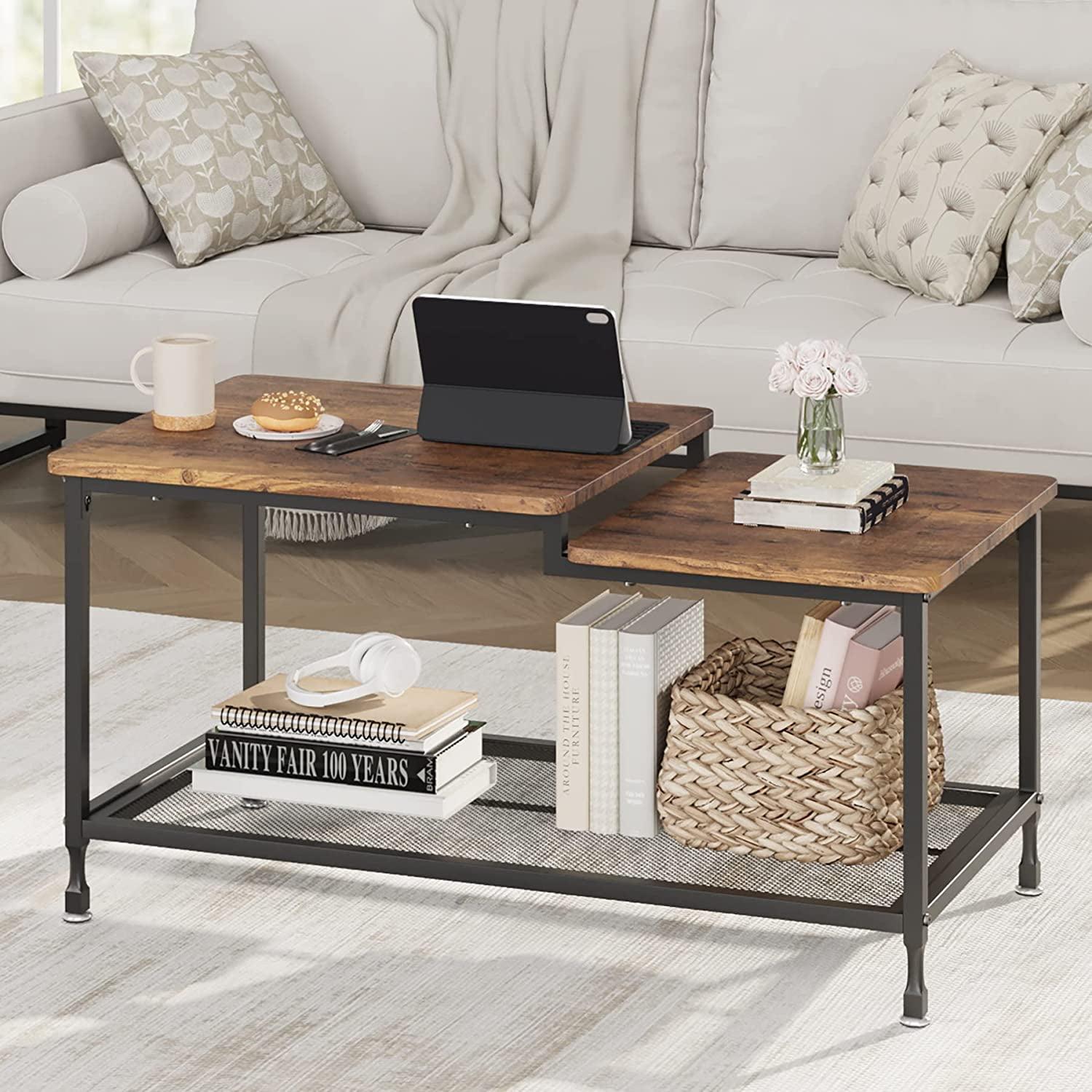 2-Tier Coffee Table with Mesh Shelf, Rustic Rectangle Center Table for Living Room, Storage Cocktail Table with Metal Frame, Easy to Assemble, Rustic Brown