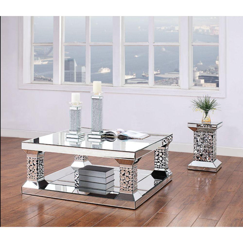 Mirrored Rectangular Coffee Table with Faux Gem Inlay