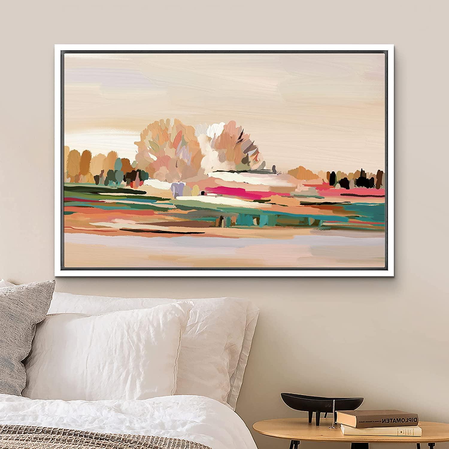 White Framed Multicolor Geometric Landscape Canvas Print