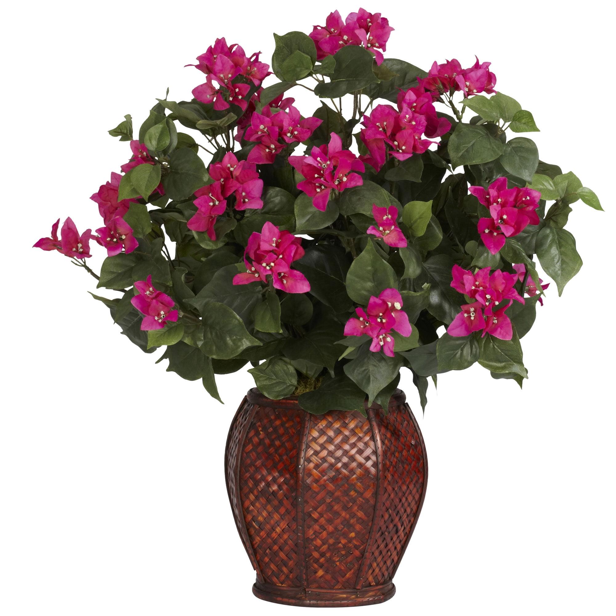 Pink Bougainvillea Silk and Plastic Arrangement in Woven Vase