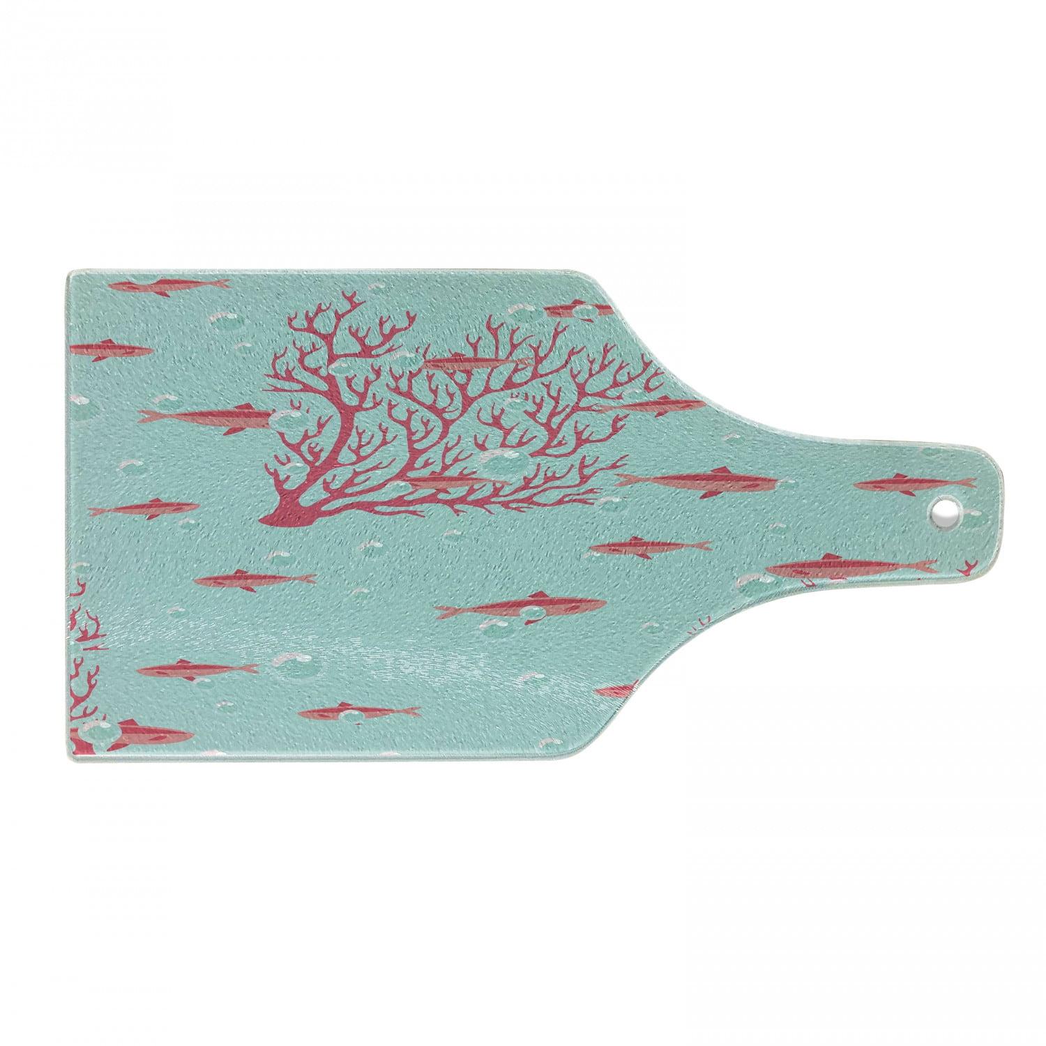 Ambesonne Coral Tempered Glass Cutting Board Fishes Coral Reef Aquatic Dark Coral Pale Blue