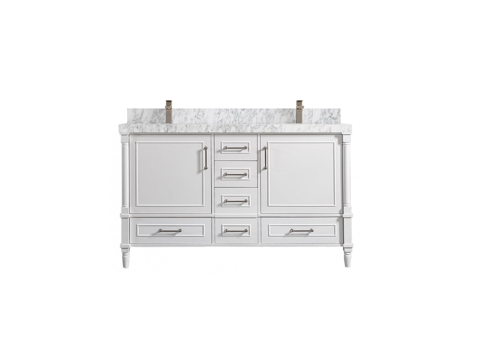 Aberdeen 60" White Solid Wood Double Sink Vanity with Carrara Marble Top