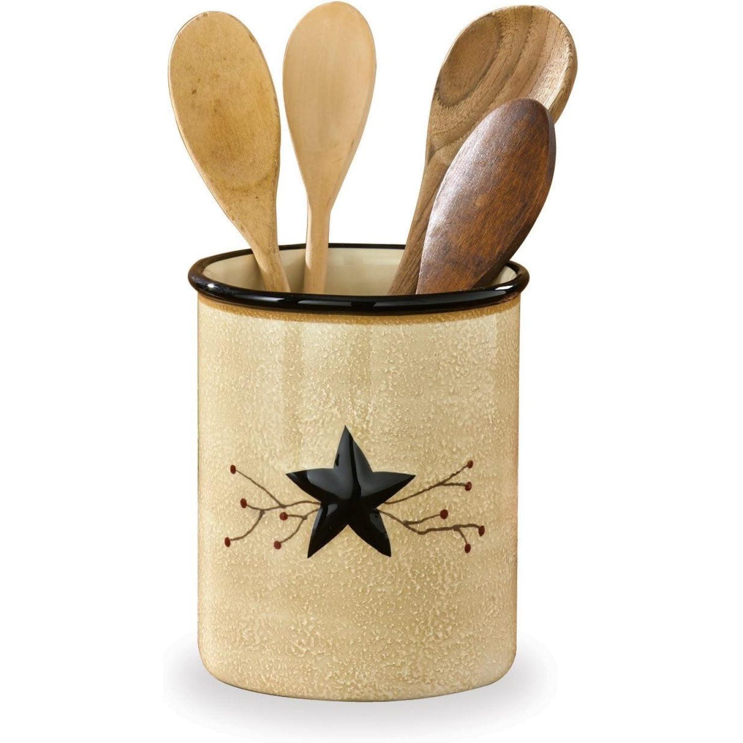 Hand-Painted Beige Ceramic Utensil Crock with Black Star