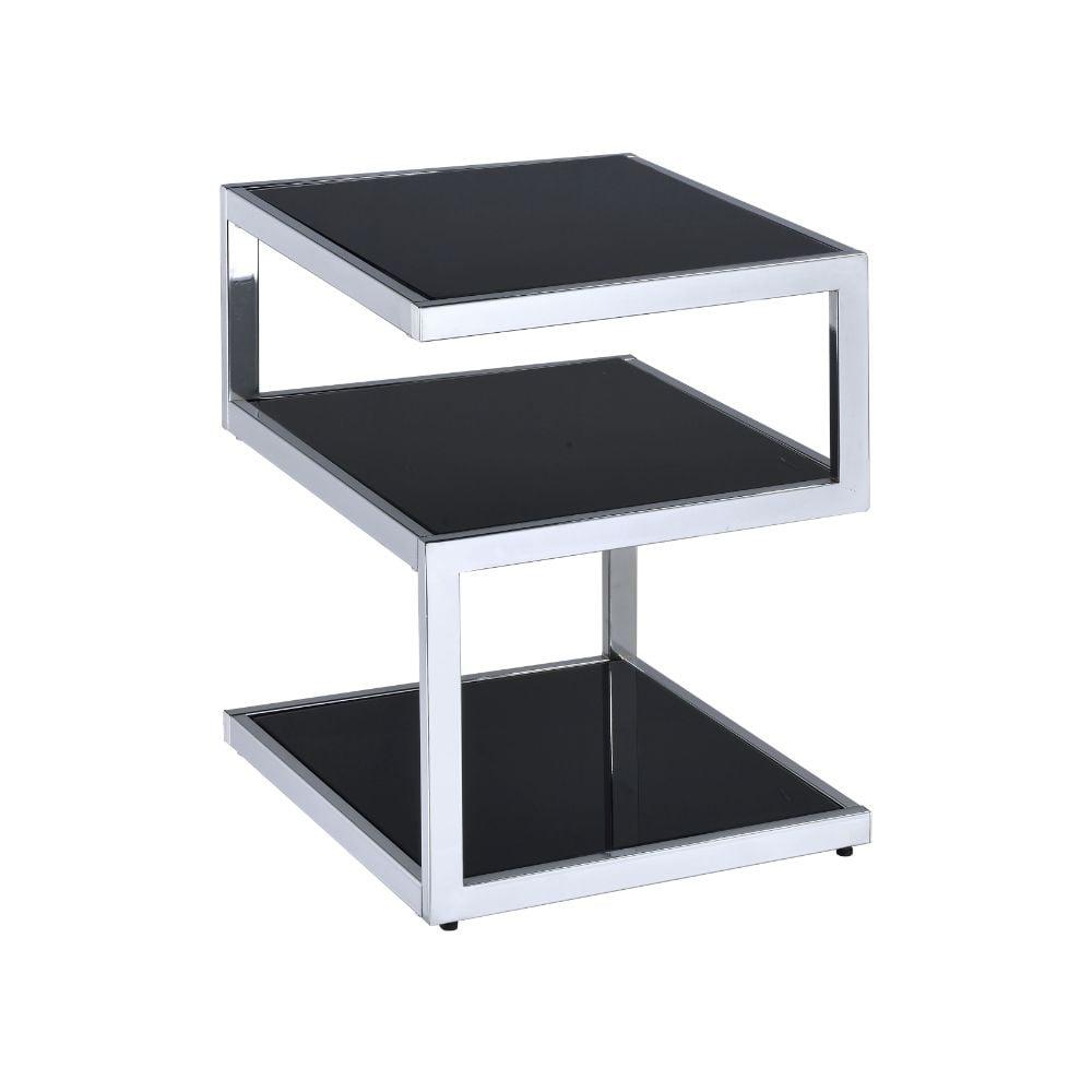 Chic Black Glass & Chrome Metal 3-Tier Side Table