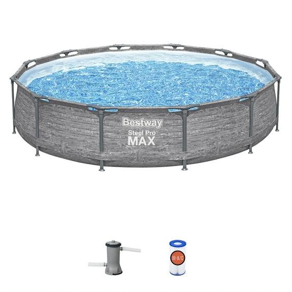 Bestway Steel Pro MAX 12' x 30" Round Above Ground Swimming Pool Set Outdoor Metal Frame Family Pool with Liner and Filter Pump, Gray