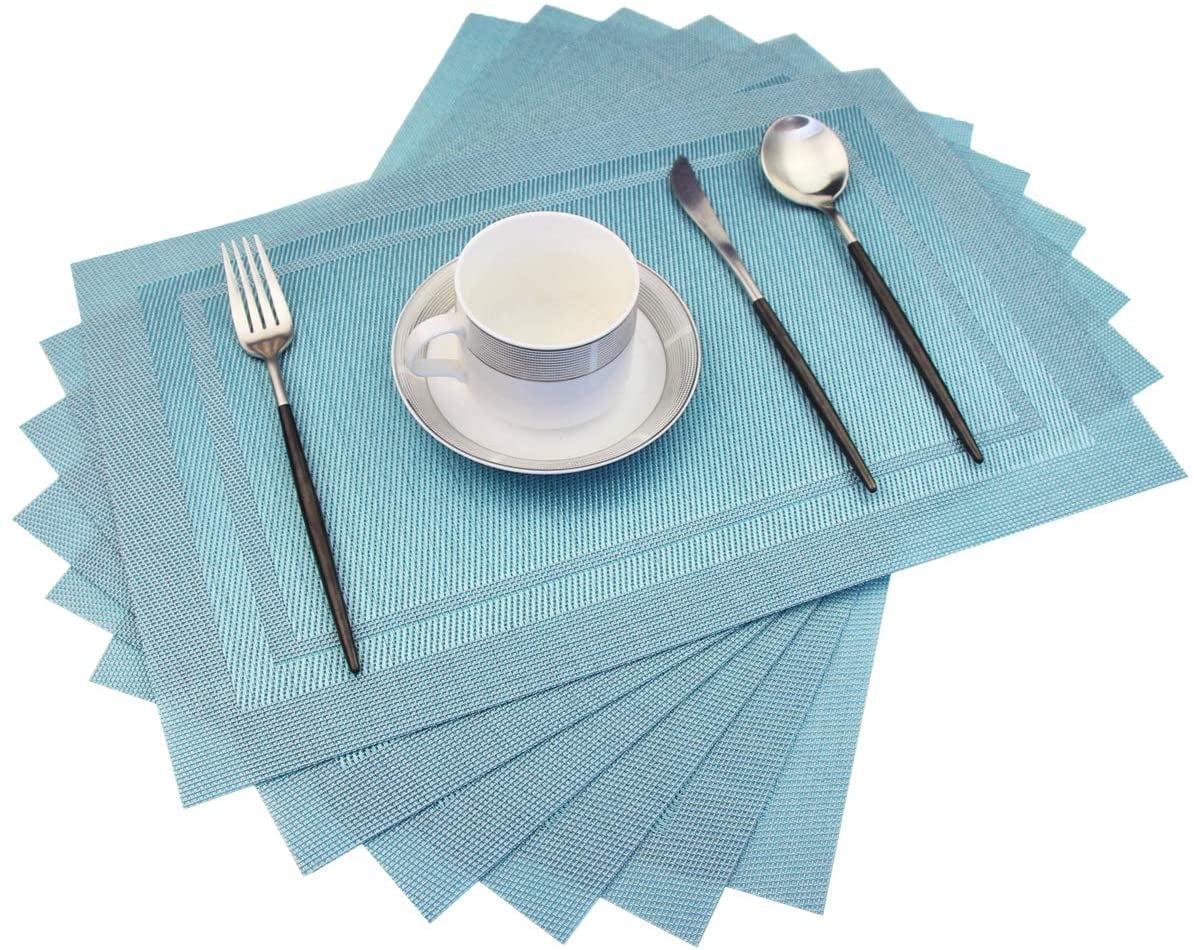 pigchcy Placemats, Heat Insulation Non Slip Plastic Placemats, Washable Easy to Clean Woven Vinyl Kitchen Stain Resistant Placemats for Dining Table Set of 6 (Sky Blue)