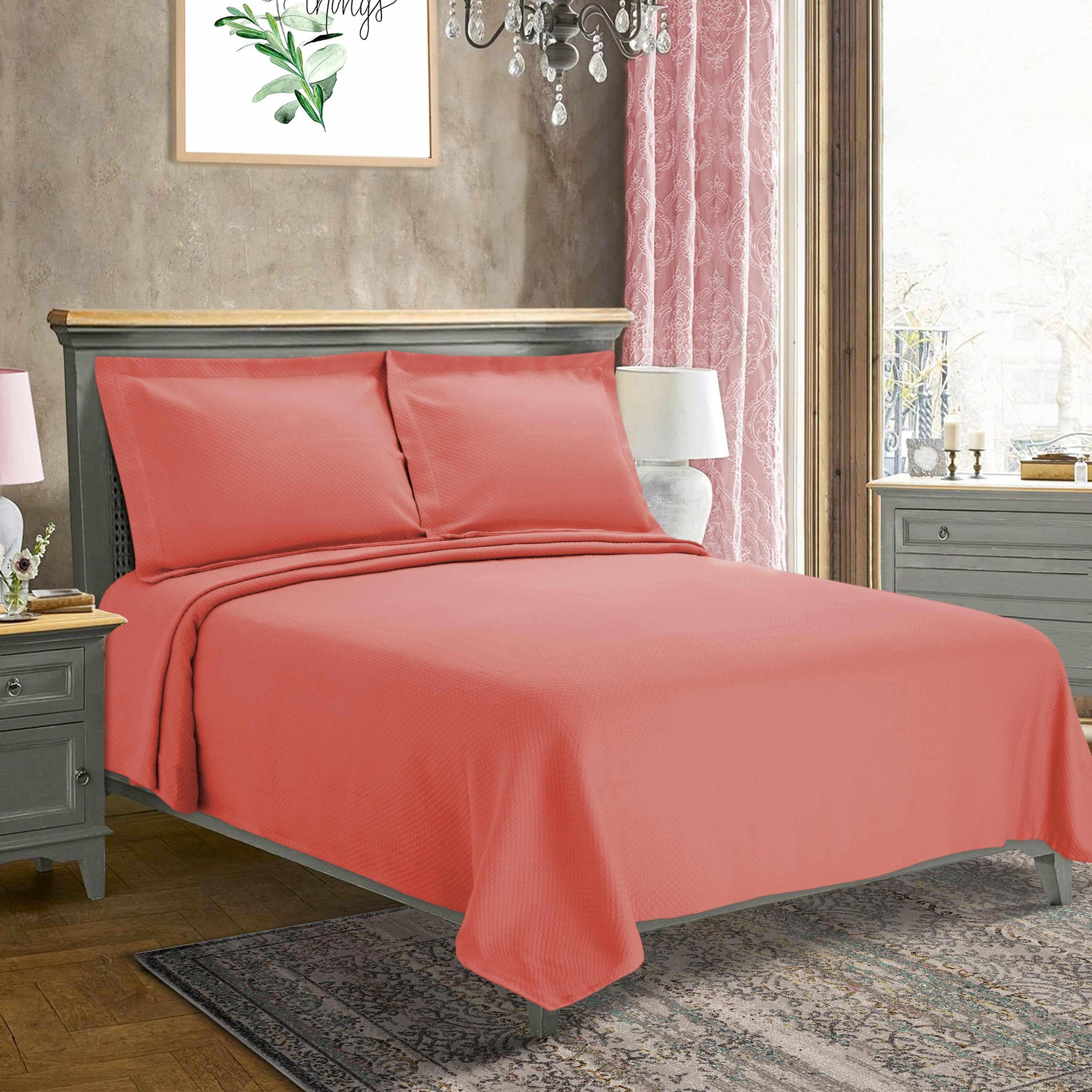 Coral Lattice Cotton Twin Bedspread Set with Pillow Sham