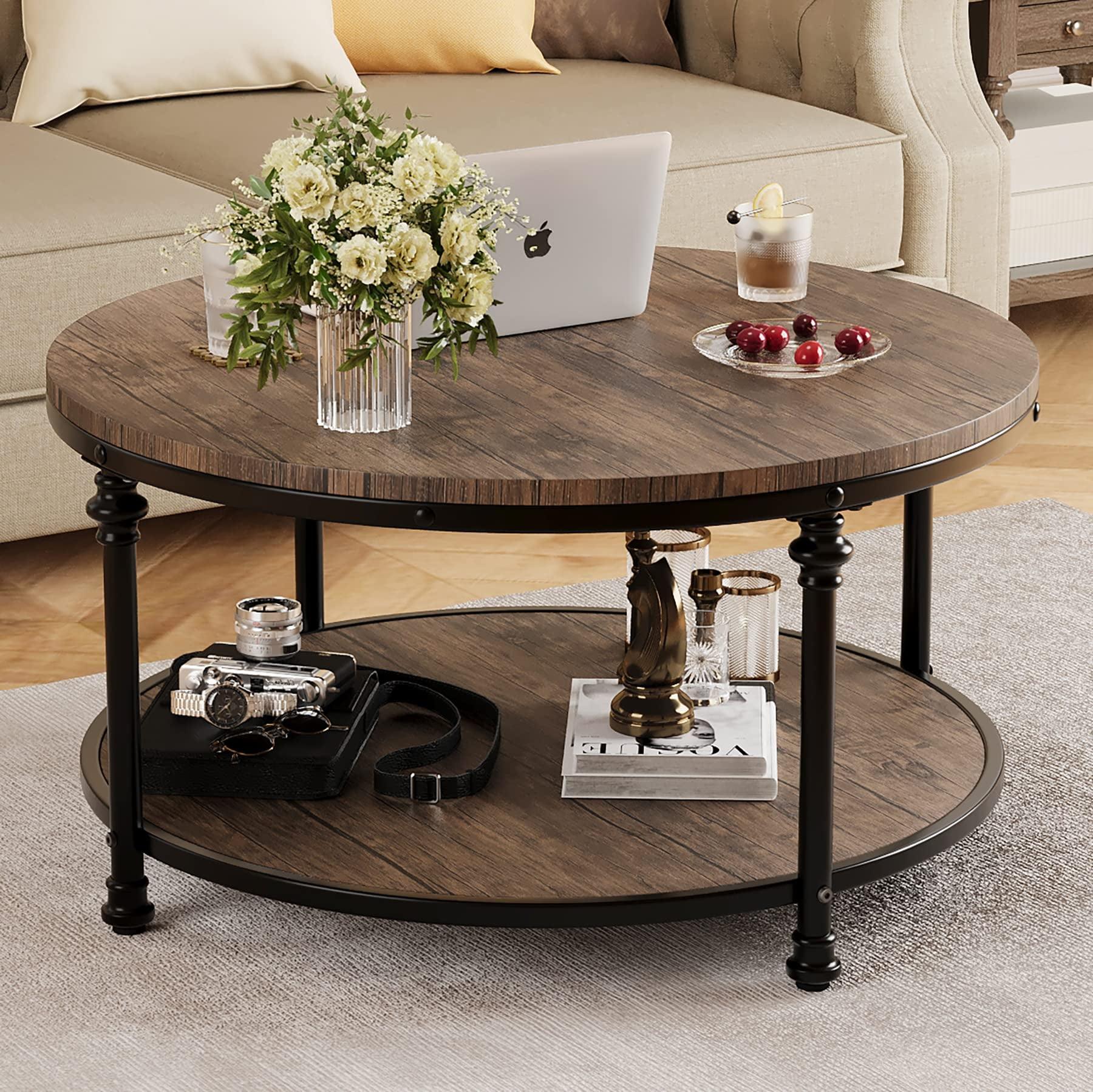 Jiowenm Round Coffee Table Living Room Wood Center Table with Storage Shelf Rustic Circle Coffee Table with Sturdy Metal Legs, Easy Assembly(Light Walnut)