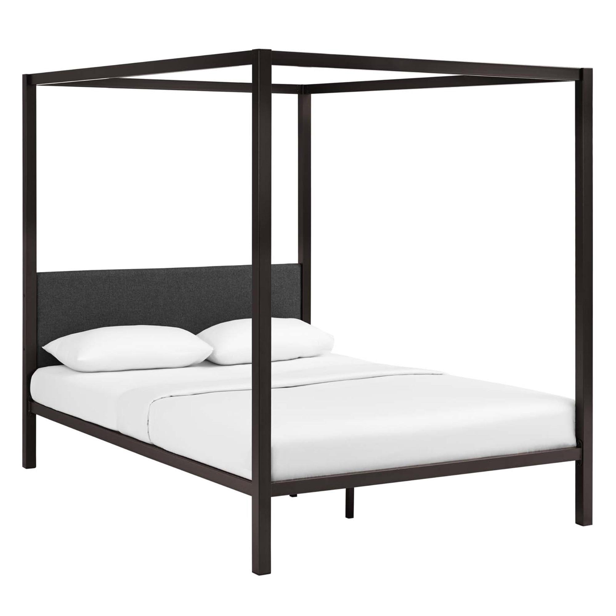 Queen Brown Metal Platform Bed with Wood Headboard and Slats