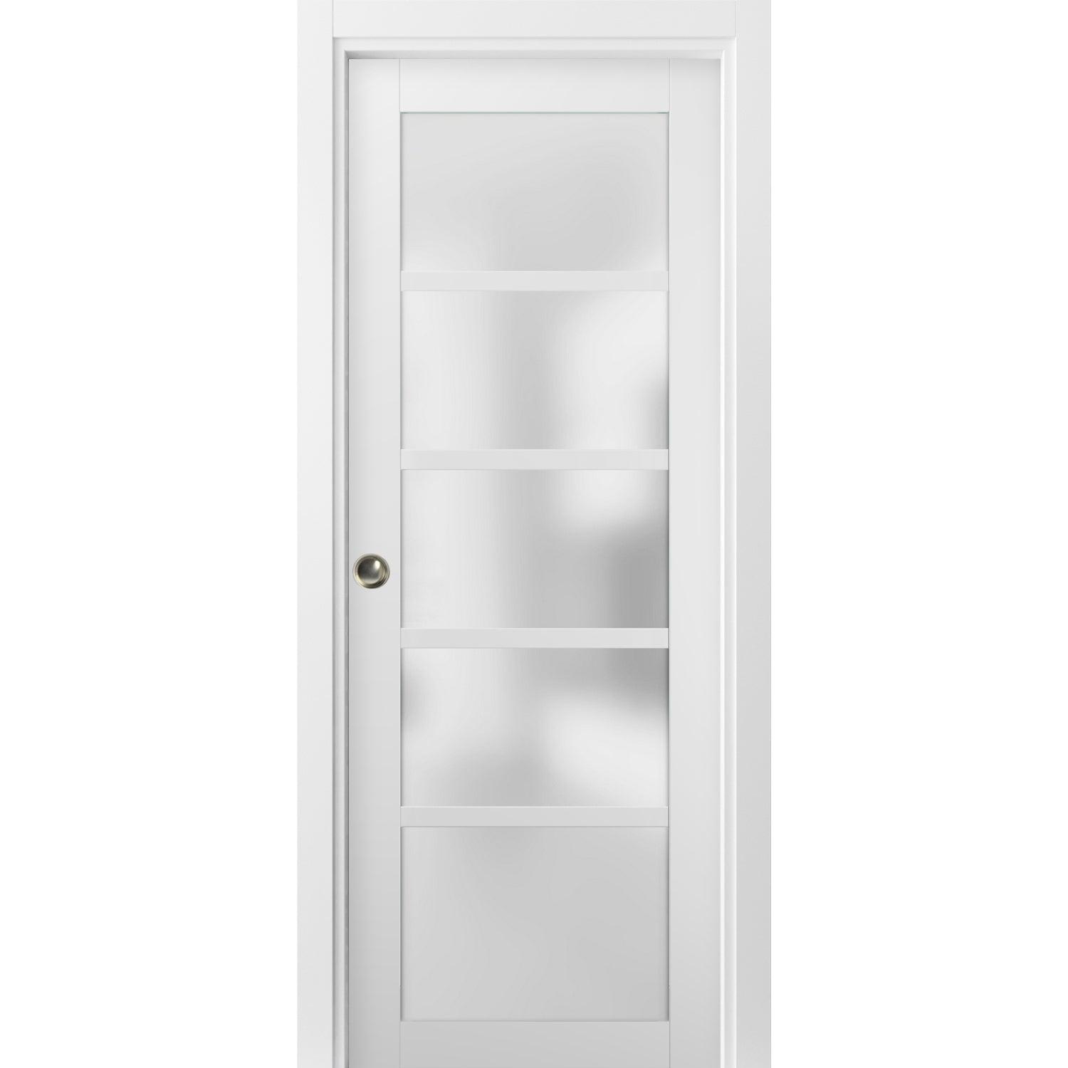 White Silk Frosted Glass Solid Wood Pocket Door 18 x 80