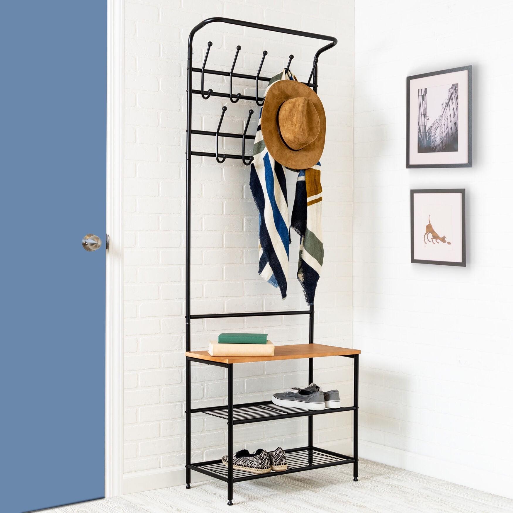 Versatile Black Metal Entryway Storage Valet with Bench and Hooks