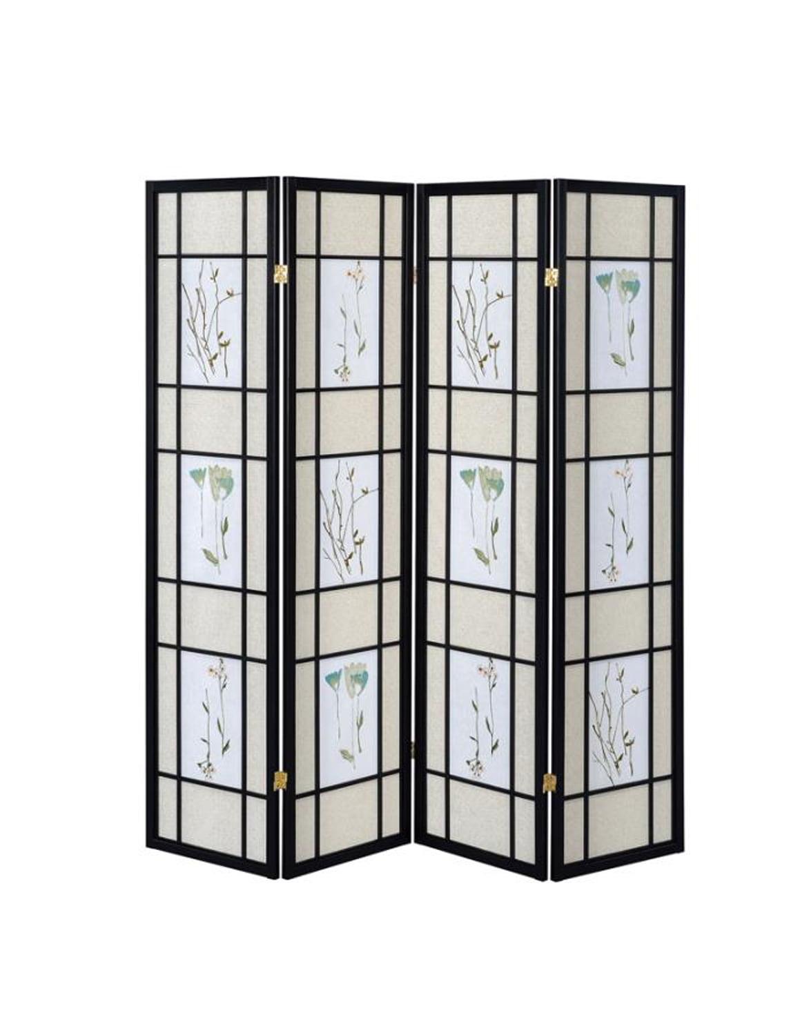 Black Framed 4-Panel Folding Screen with Floral Motif