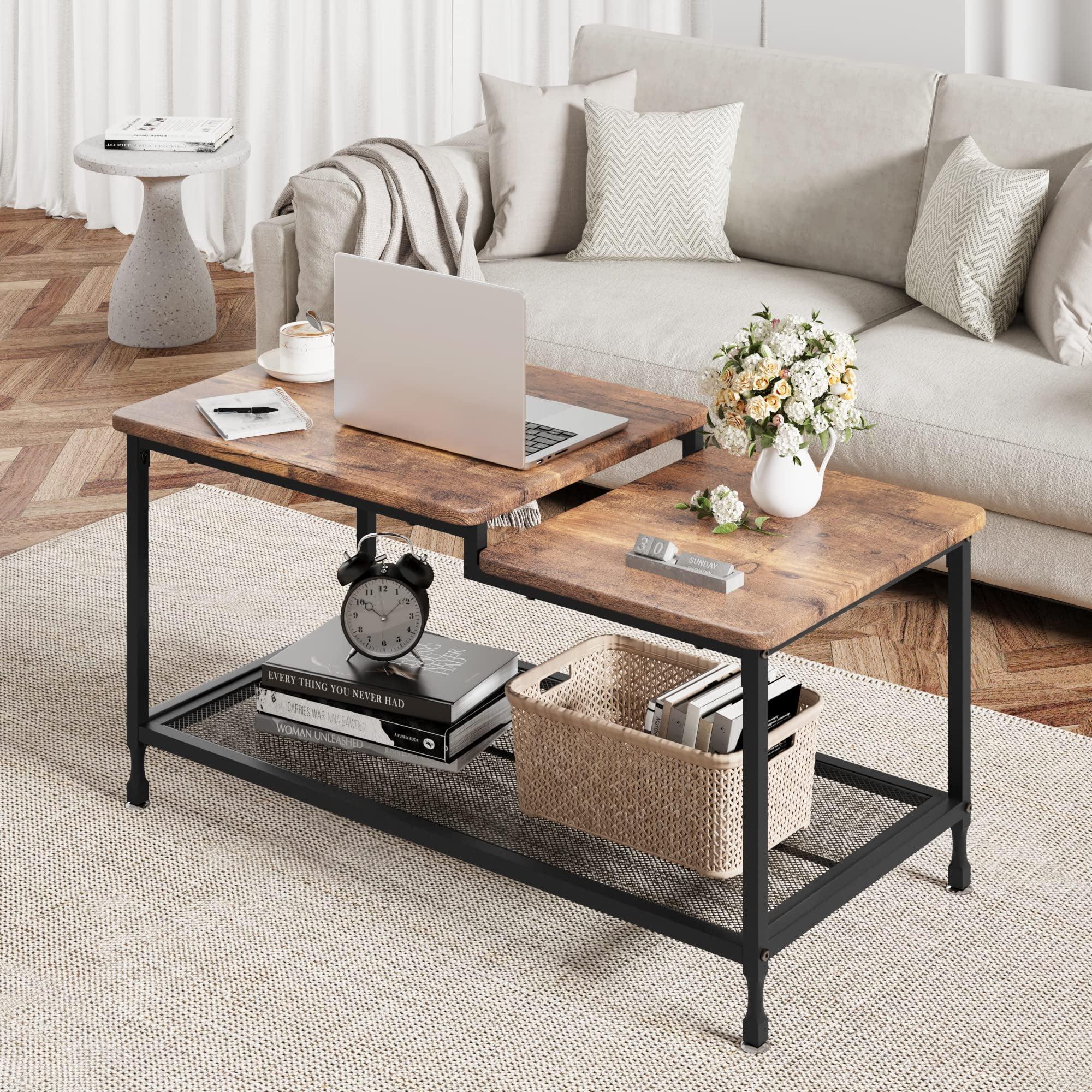 Rustic Brown Rectangular Wood Coffee Table with Metal Frame and Storage