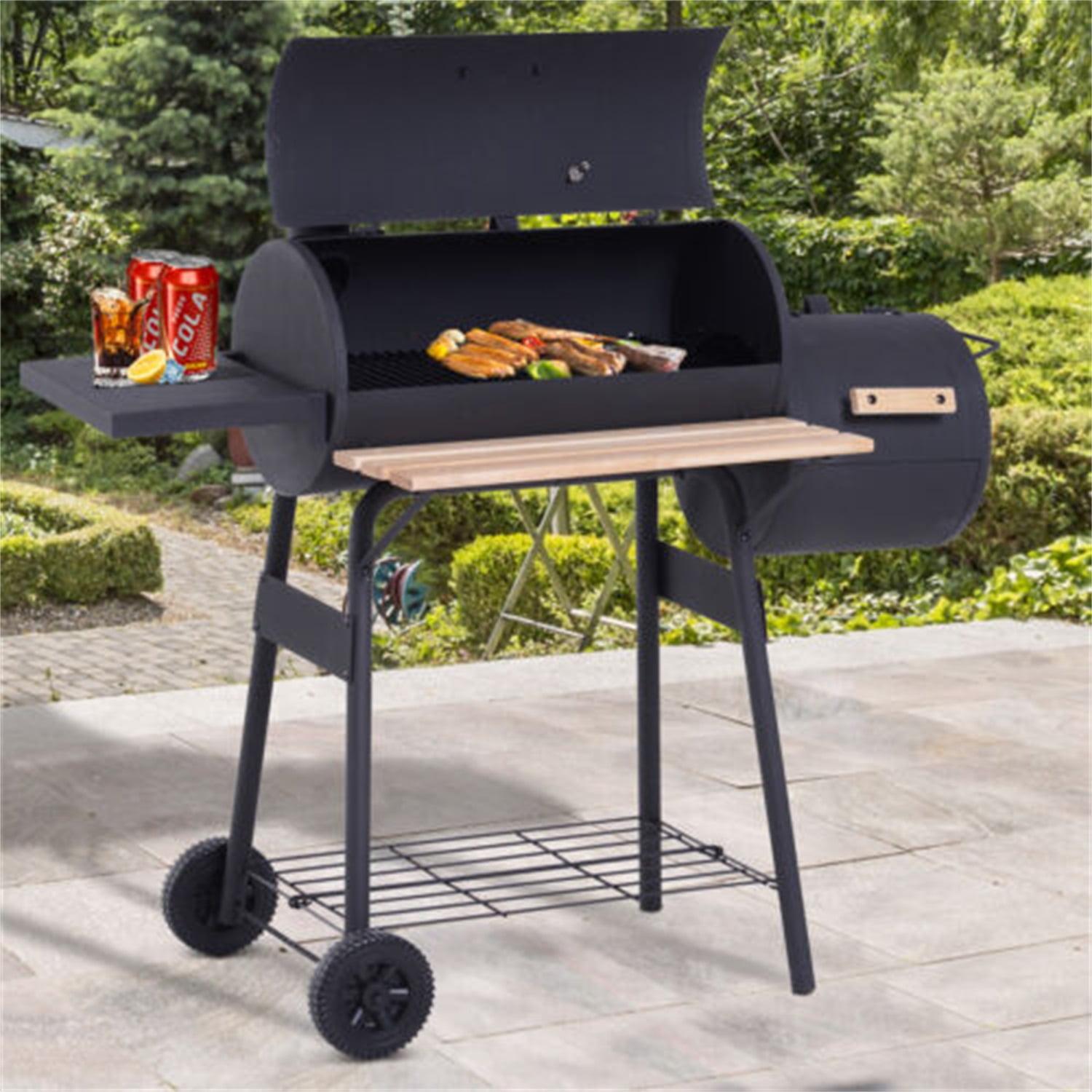 48" Black Steel Portable Charcoal BBQ Grill with Offset Smoker