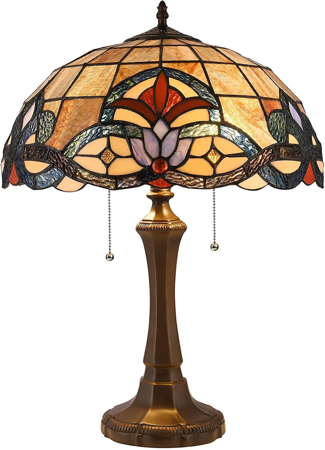 Victorian Bronze 17" Stained Glass Table Lamp with Dual Pull Chains