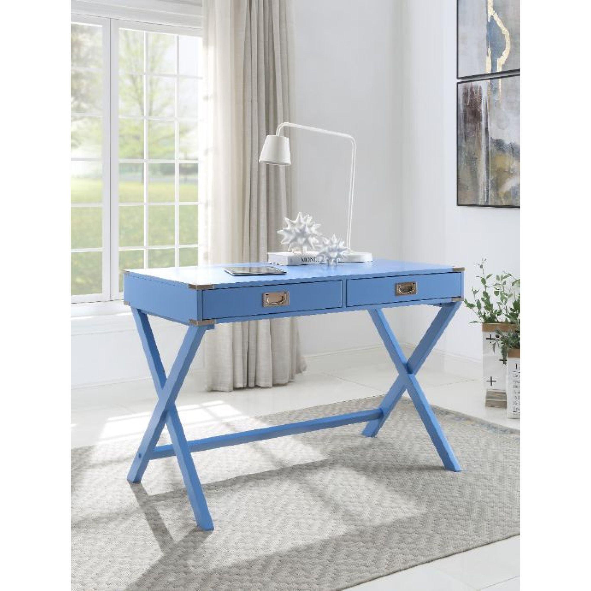 Amenia Blue Finish Rectangular Writing Desk with X-Shaped Base and Metal Accents