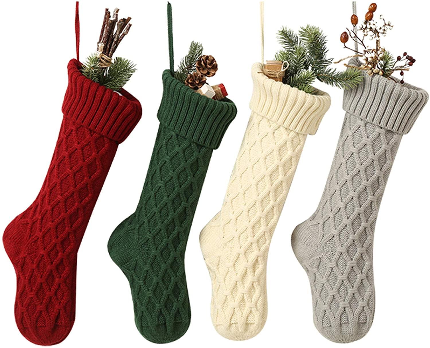 Sinhoon Knit Christmas Stockings, 4 Pack 18 inches Large Personalized Fireplace Hanging Stockings for Christmas Decorations